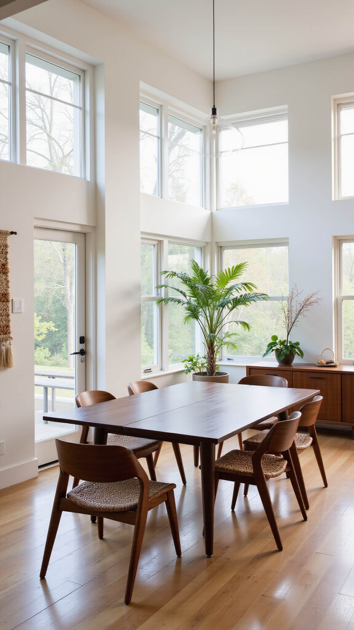 Modern 14x14ft dining room with corner floor-to-ceiling windows, soft morning light, sculptural walnut chairs with woven leather, floating wood credenza, and textured wall hanging.