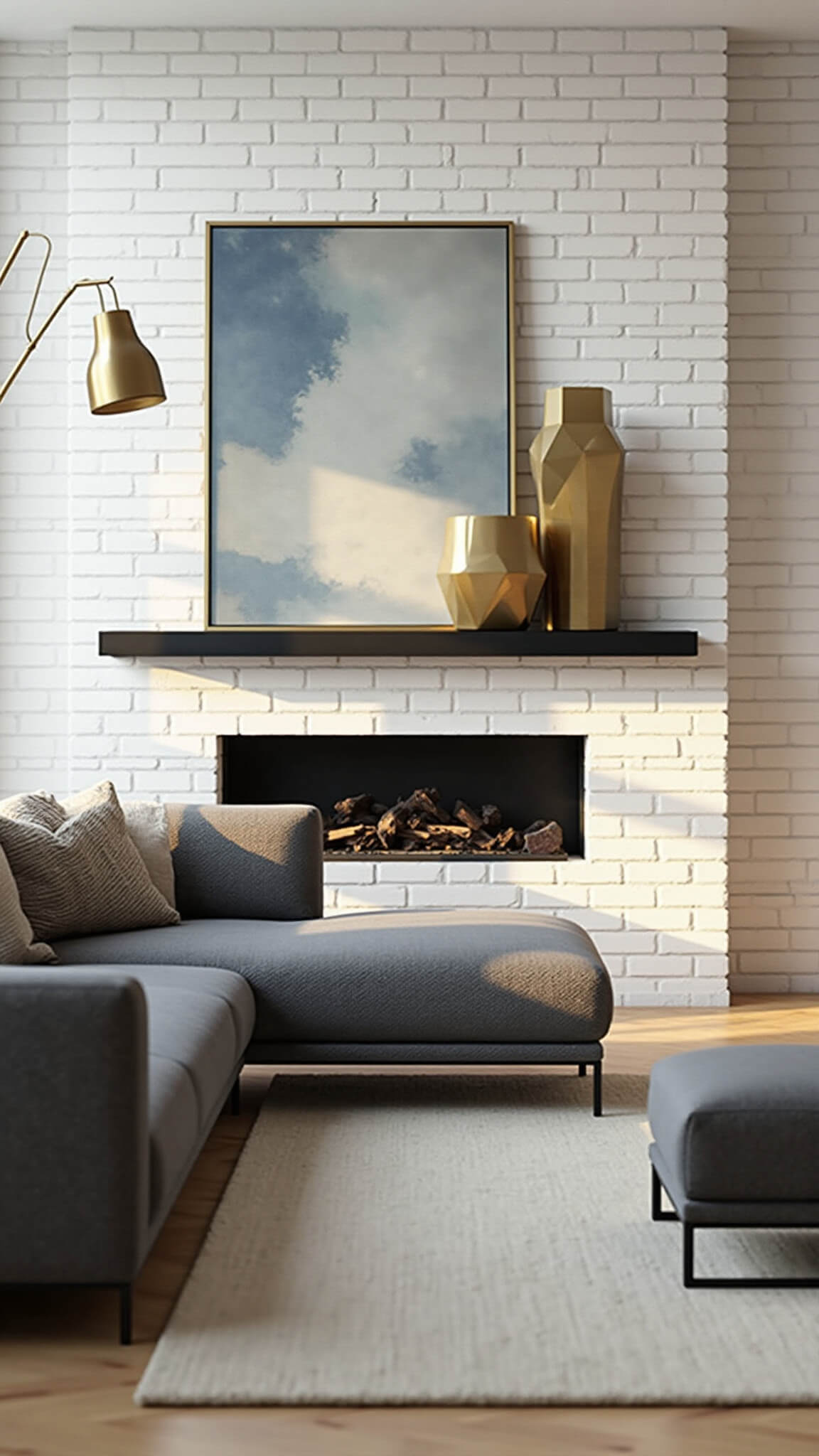 Modern living room with white brick fireplace, black floating mantel, geometric brass sculptures, abstract canvas, charcoal gray sectional, herringbone white oak floor, and golden hour light through large windows.