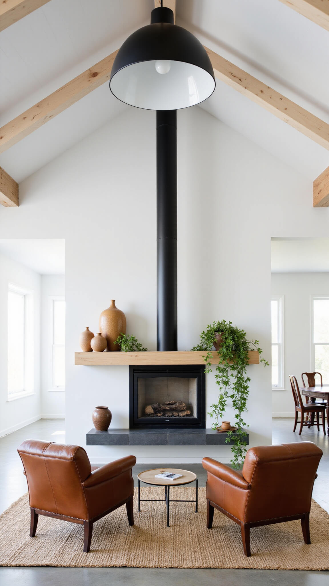 Modern living space with double-sided glass fireplace, vintage leather chairs, and artisanal decor in airy room with exposed beams and concrete floor.
