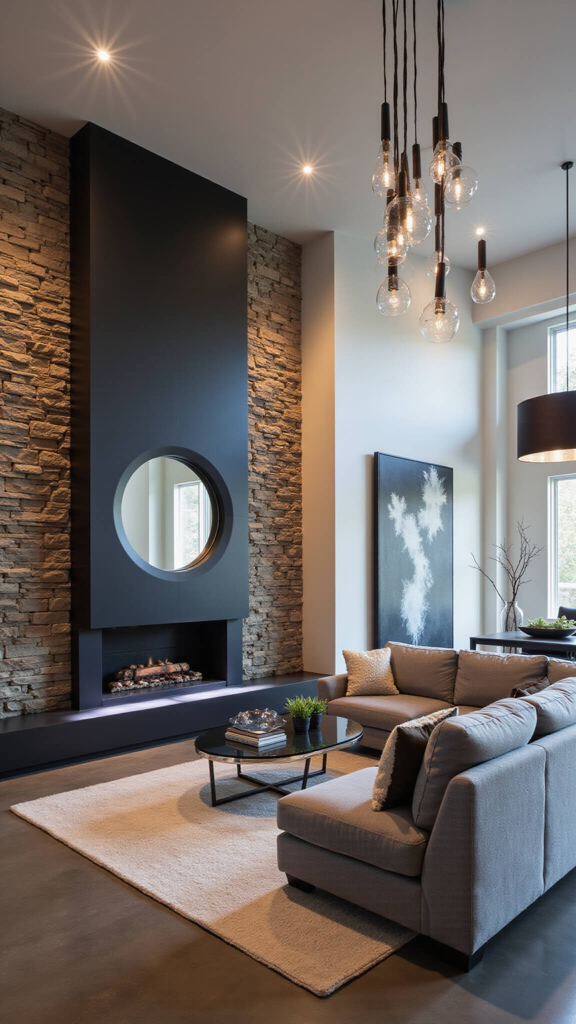 Contemporary 25x30ft great room at dusk with matte black metal mantel and LED lighting on stacked stone wall, monochrome gallery above, large round mirror, gray linen sectional, glass coffee table, sheepskin accents, polished concrete floors, and dramatic chandelier casting geometric shadows.