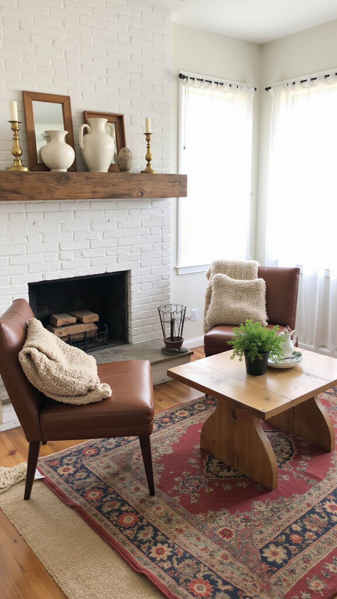 Close-up of a cozy sitting room with morning light, white brick fireplace, live edge wood mantel, vintage brass candlesticks, neutral pottery, mid-century leather chairs, knit throws, layered rugs, and green potted plants.