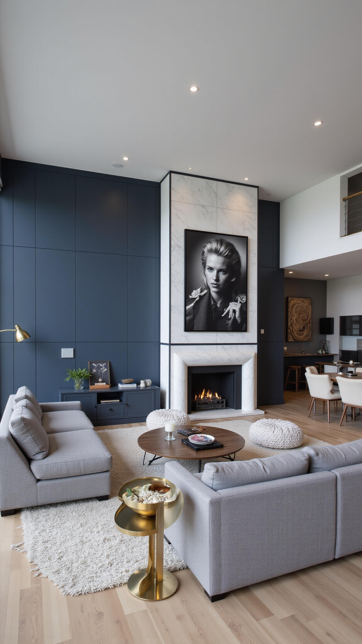 Modern family room with gray sectional, white marble mantel, dramatic black and white art, moody lighting, and navy accent wall.