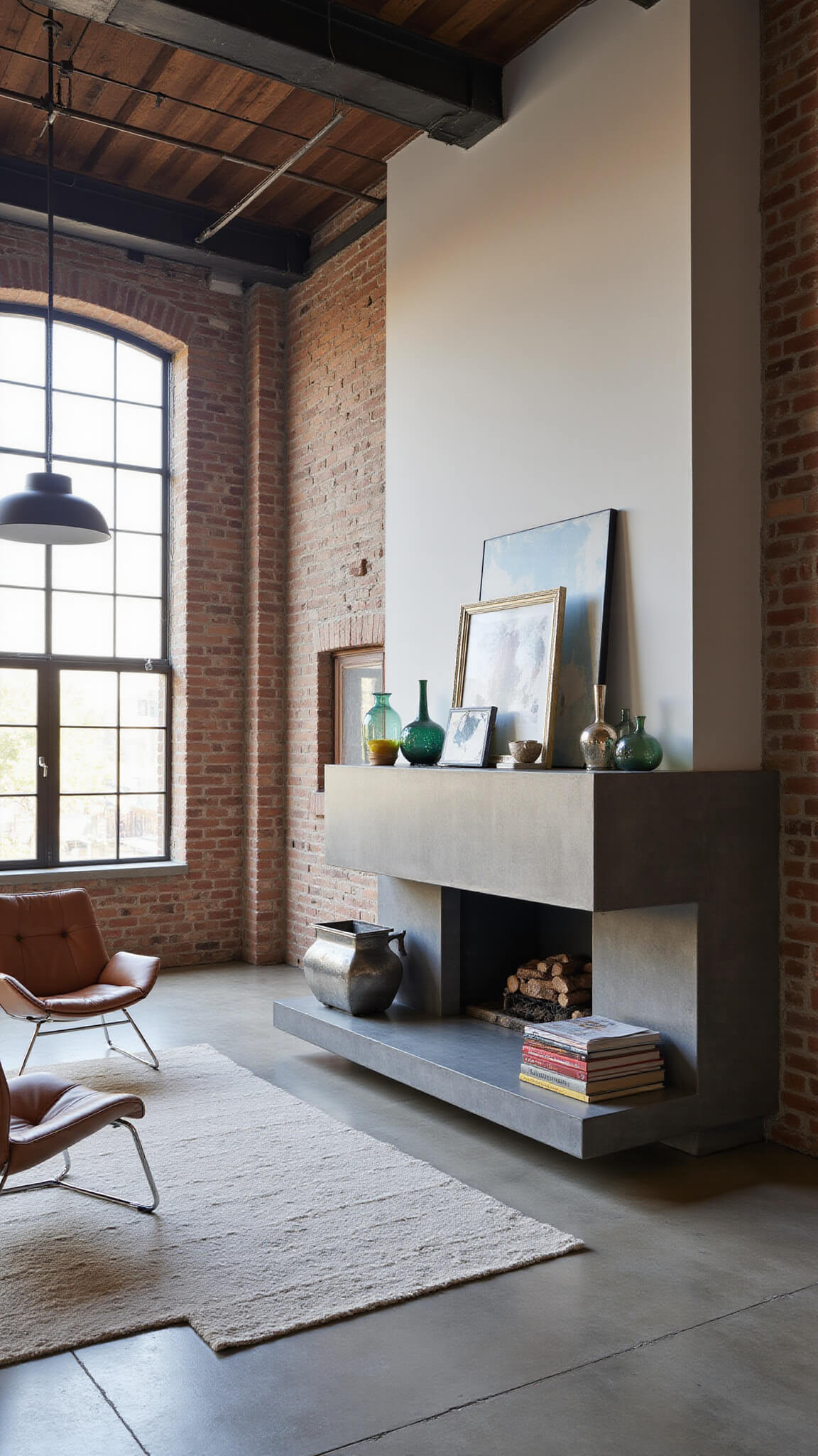 High-angle view of an urban loft with concrete floors, exposed brick walls, steel beam ceiling, and industrial windows; features a mixed material mantel with brushed steel and tempered glass shelf, modern art glass and metallic sculptures, leather Wassily chairs, geometric rug, and industrial pendant lighting in bright midday light.