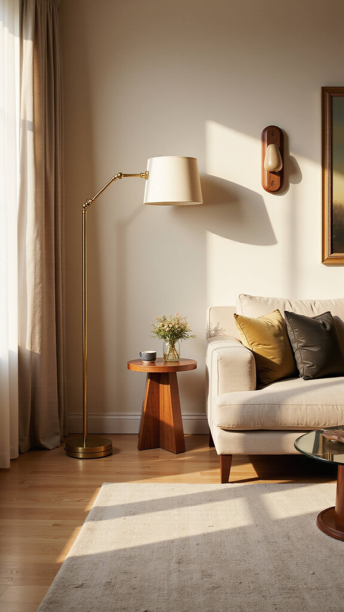 Spacious 20x24ft living room at golden hour with layered warm lighting, sheer linen curtains, modern sectional, brass and vintage lamps, cream rug, velvet pillows, and glass coffee table.