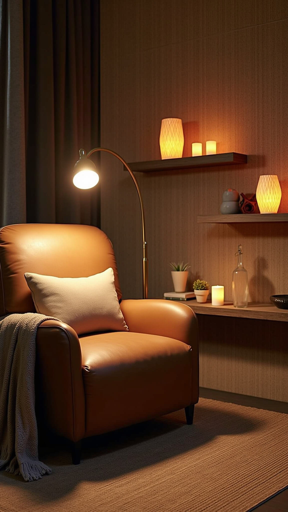 Cozy reading nook at dusk with oversized leather armchair under brass floor lamp, surrounded by floating shelves, LED candles, and textured grasscloth wallpaper.