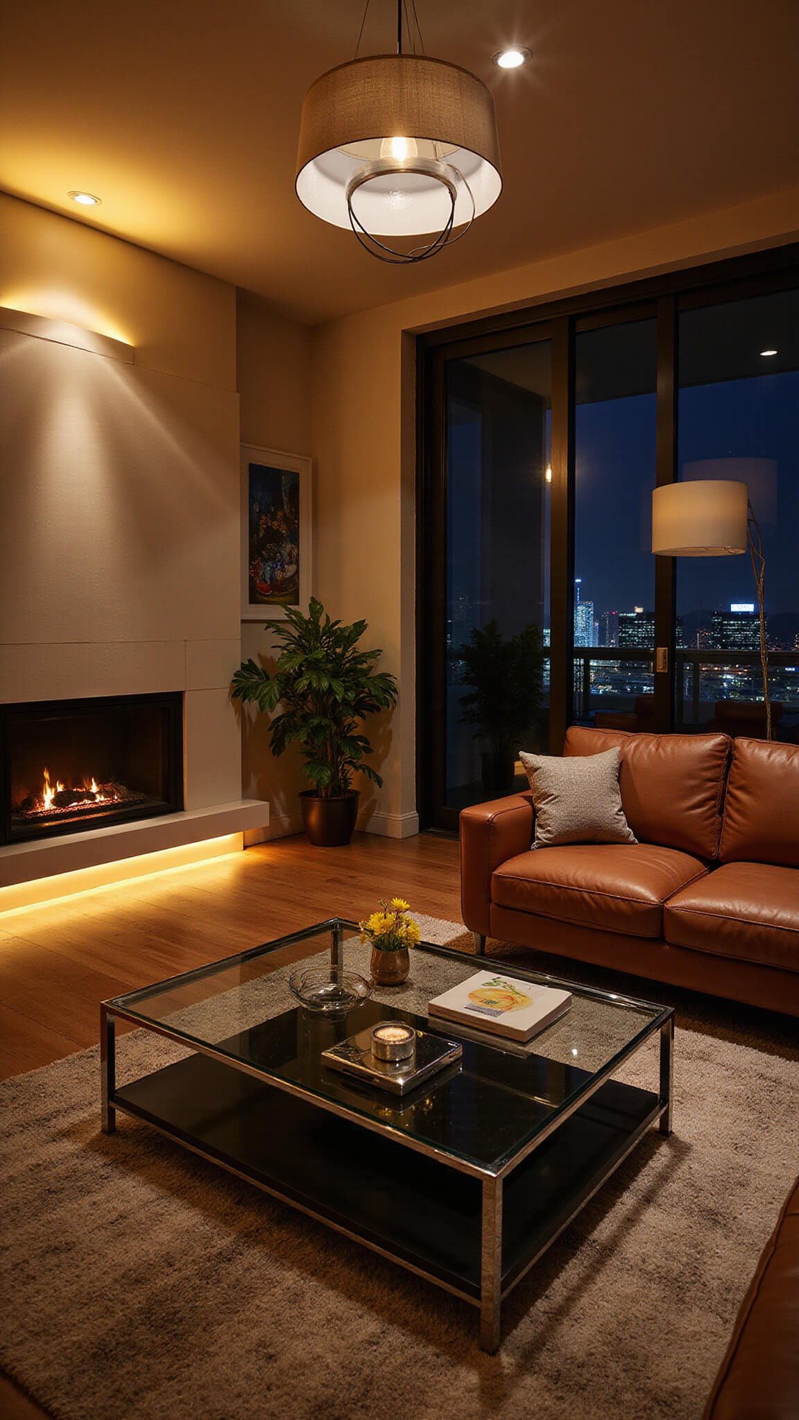 High-angle night view of modern 18x20ft living room with smart amber lighting, art accent lights, pendant lamp, chrome and glass decor, and glossy surfaces reflecting light.