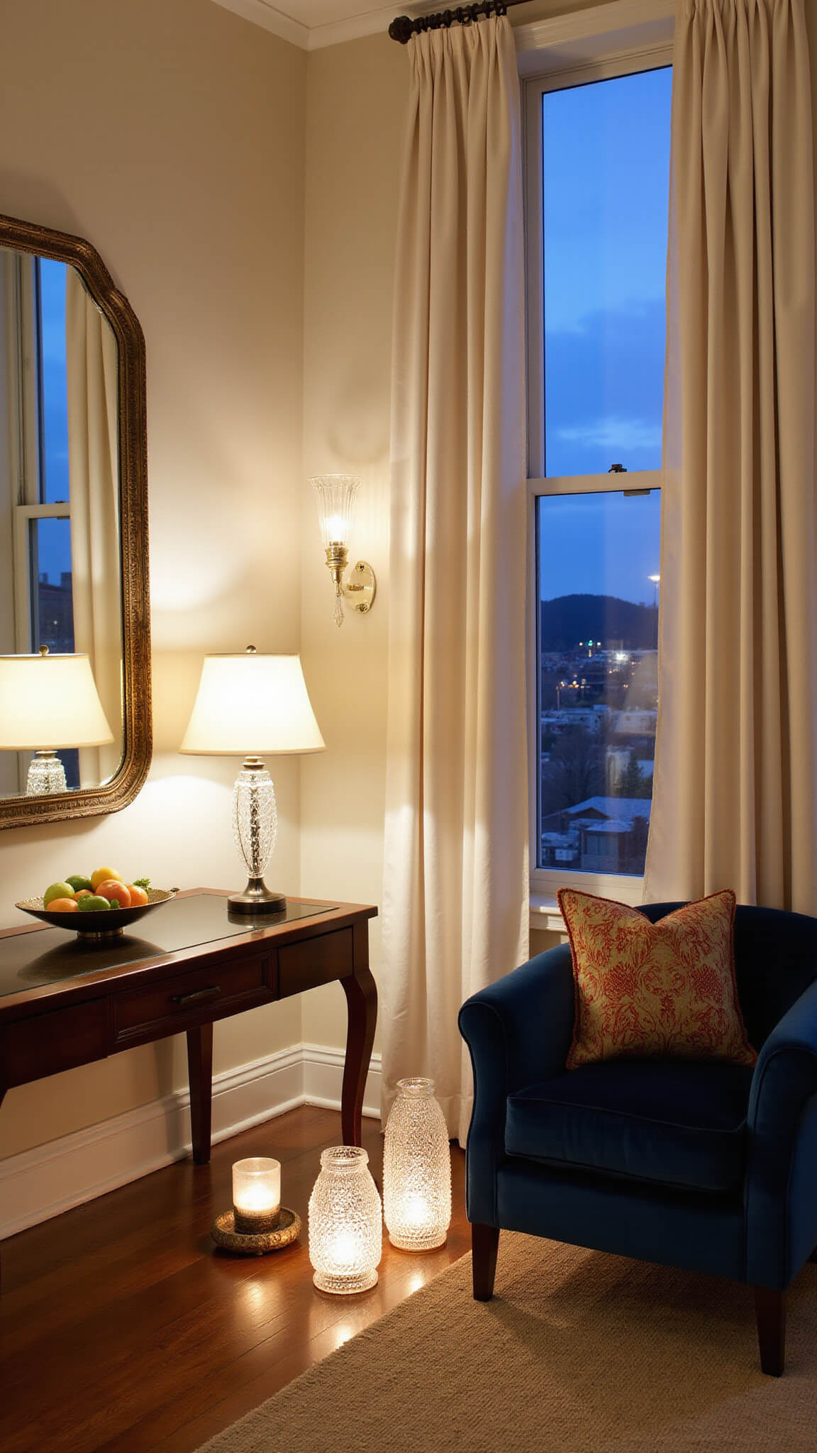 Elegant transitional 16x18ft sitting room at twilight with layered lighting, jewel-toned velvet furniture, ivory curtains, and reflective accents.