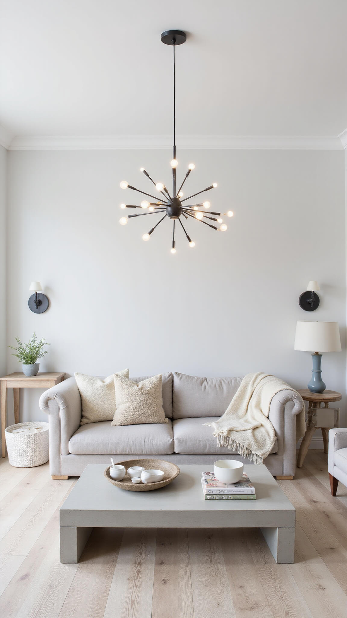 Bird's-eye view of serene Nordic-style great room with pale wood floors, concrete coffee table, minimalist lighting, and airy natural light.