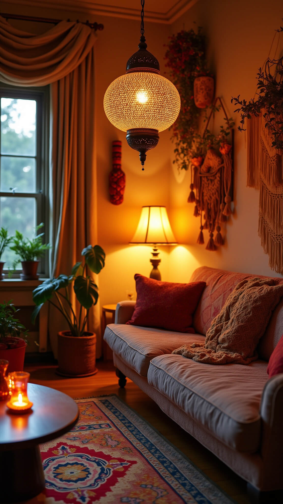Bohemian 14x16ft den at sunset with eclectic lighting, vibrant textiles, macramé, and plants casting dynamic shadows in warm terra cotta, amber, and cream tones.