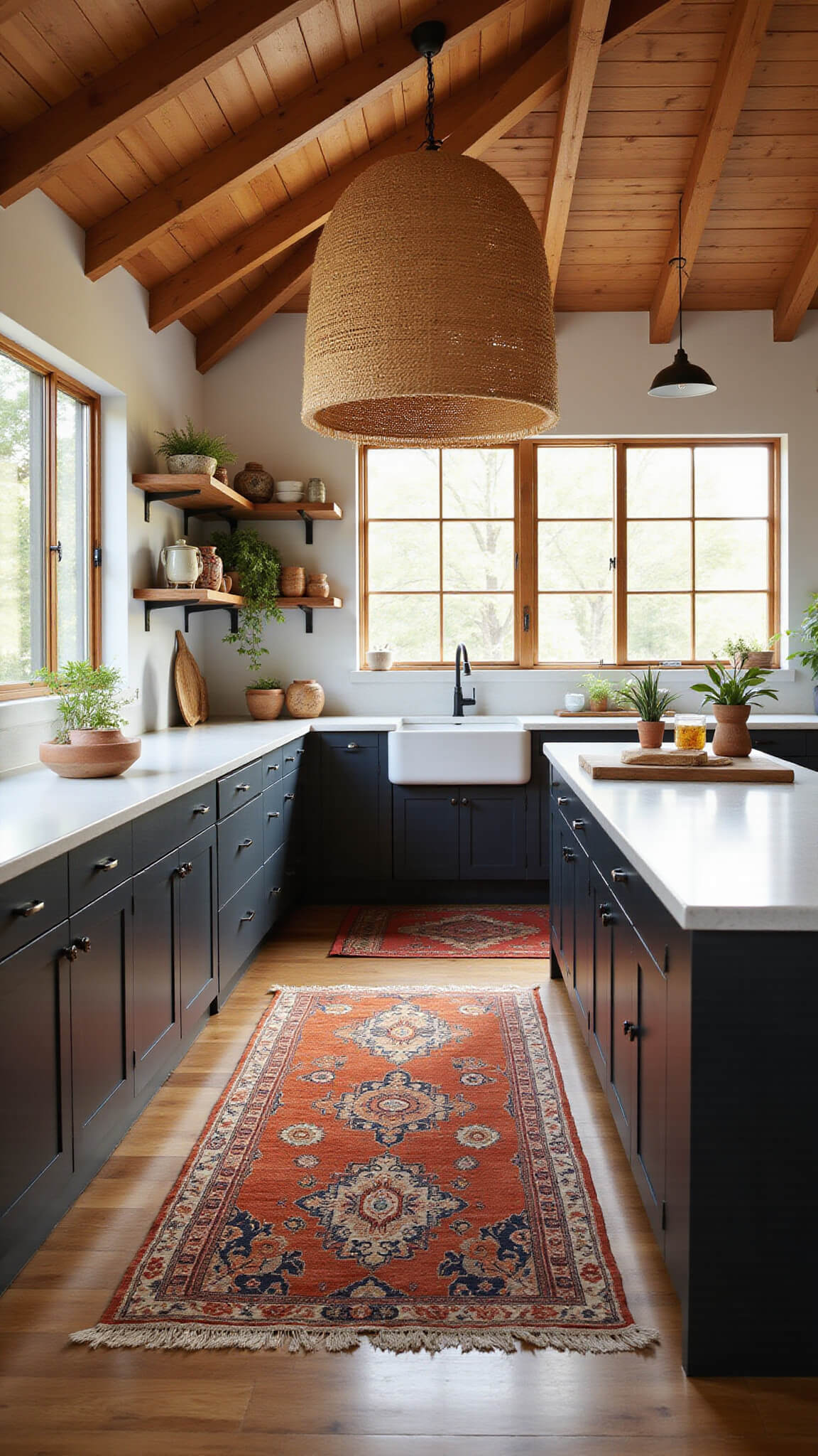 Modern boho kitchen with black cabinets, white quartz counters, rattan pendant over waterfall island, Persian rugs, and sunlight streaming through large windows at golden hour.