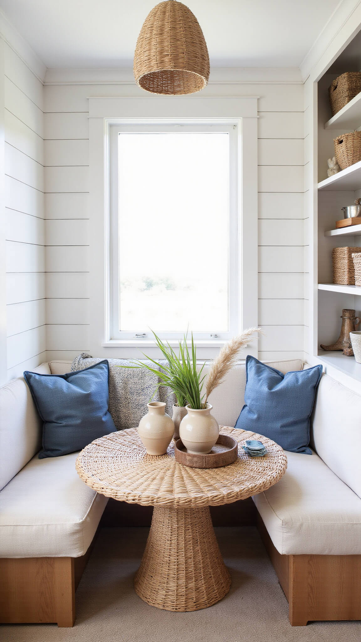 Coastal boho breakfast nook with rattan table, built-in linen banquette, vintage pillows, pampas grass, and rope pendant light in soft morning light.