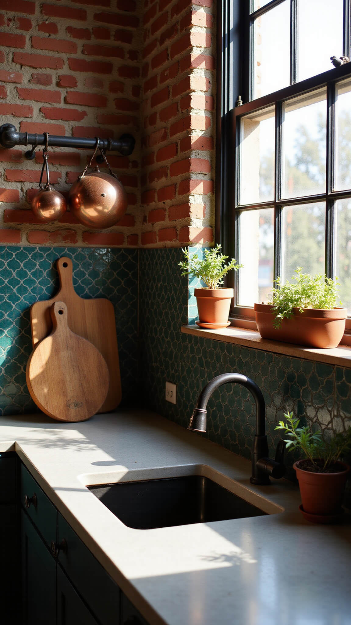 Close-up of industrial boho kitchen workspace with copper pots, Moroccan tile backsplash, vintage cutting boards, and terracotta herb planters in moody afternoon light.