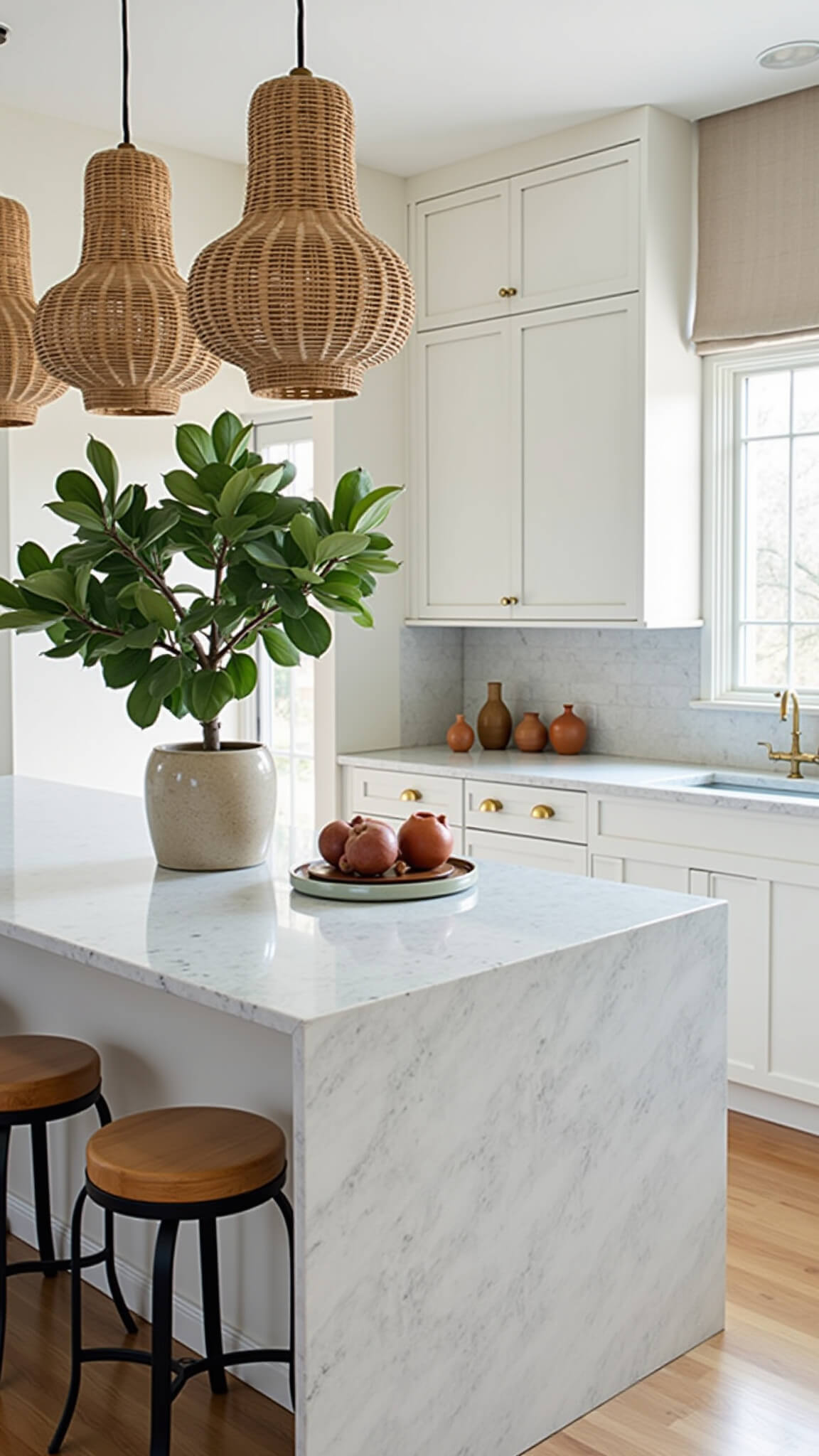Minimalist boho kitchen with 12ft quartzite island, white cabinetry, woven pendant lights, fiddle leaf fig in ceramic pot, and handmade pottery in bright morning light.