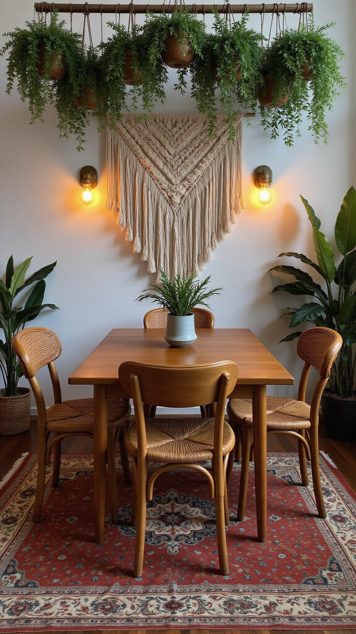Bohemian dining area at dusk with vintage teak table, mismatched rattan chairs, oversized macrame wall hanging, hanging plants, layered vintage rugs, and warm brass sconce lighting.