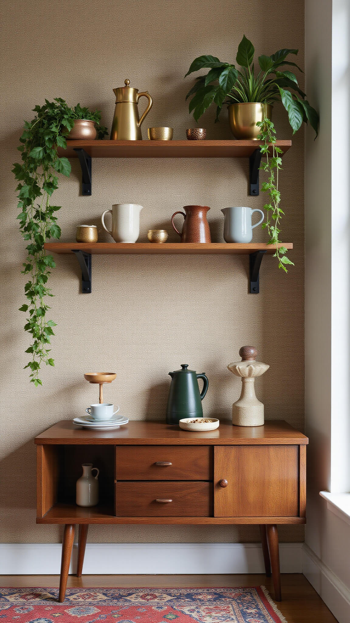 Modern boho coffee station with wooden shelves holding handmade mugs and brass accessories, framed by trailing pothos, set against textured taupe wallpaper with a small Turkish rug below.