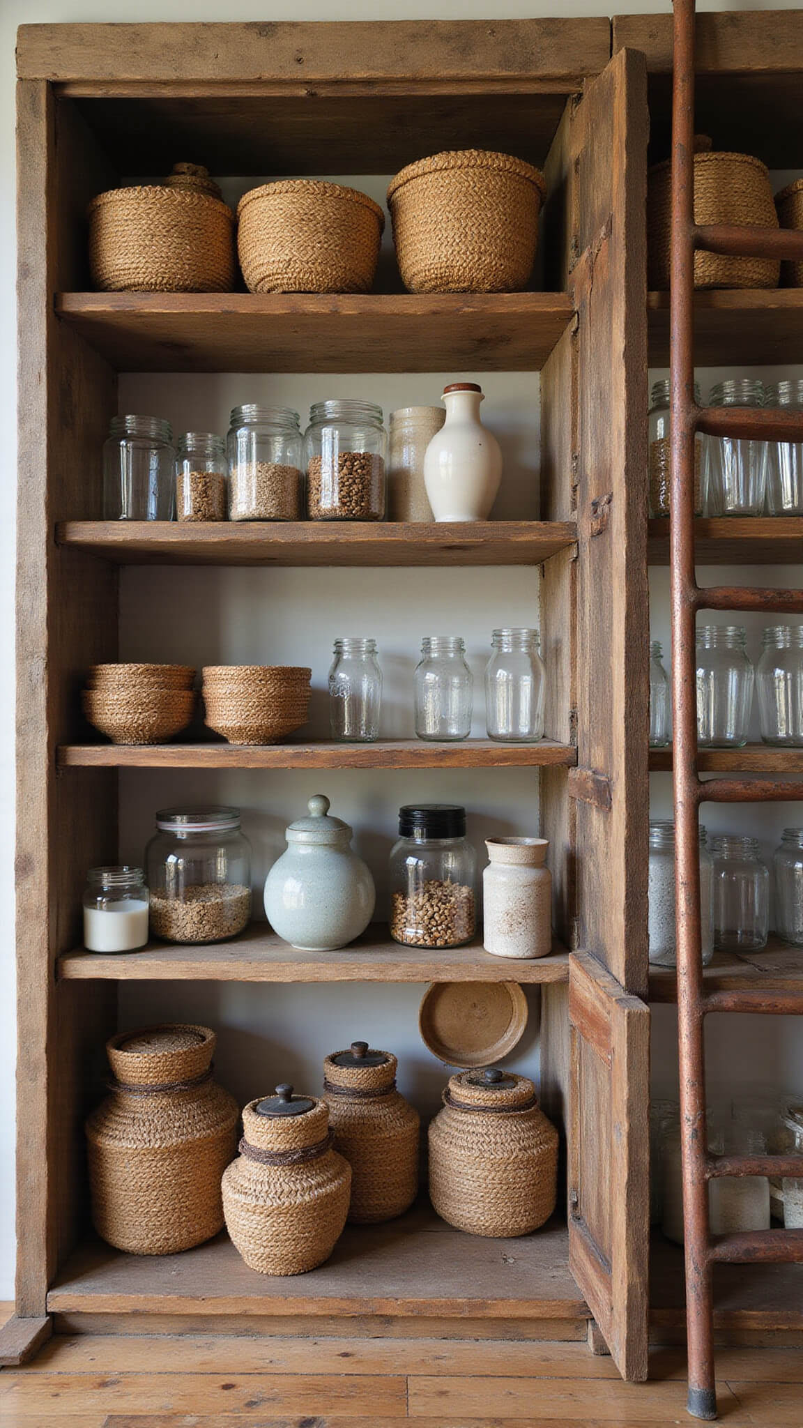 Floor-to-ceiling boho kitchen pantry with reclaimed wood shelves displaying global vessels, woven baskets, and copper accents, lit by dramatic side lighting.