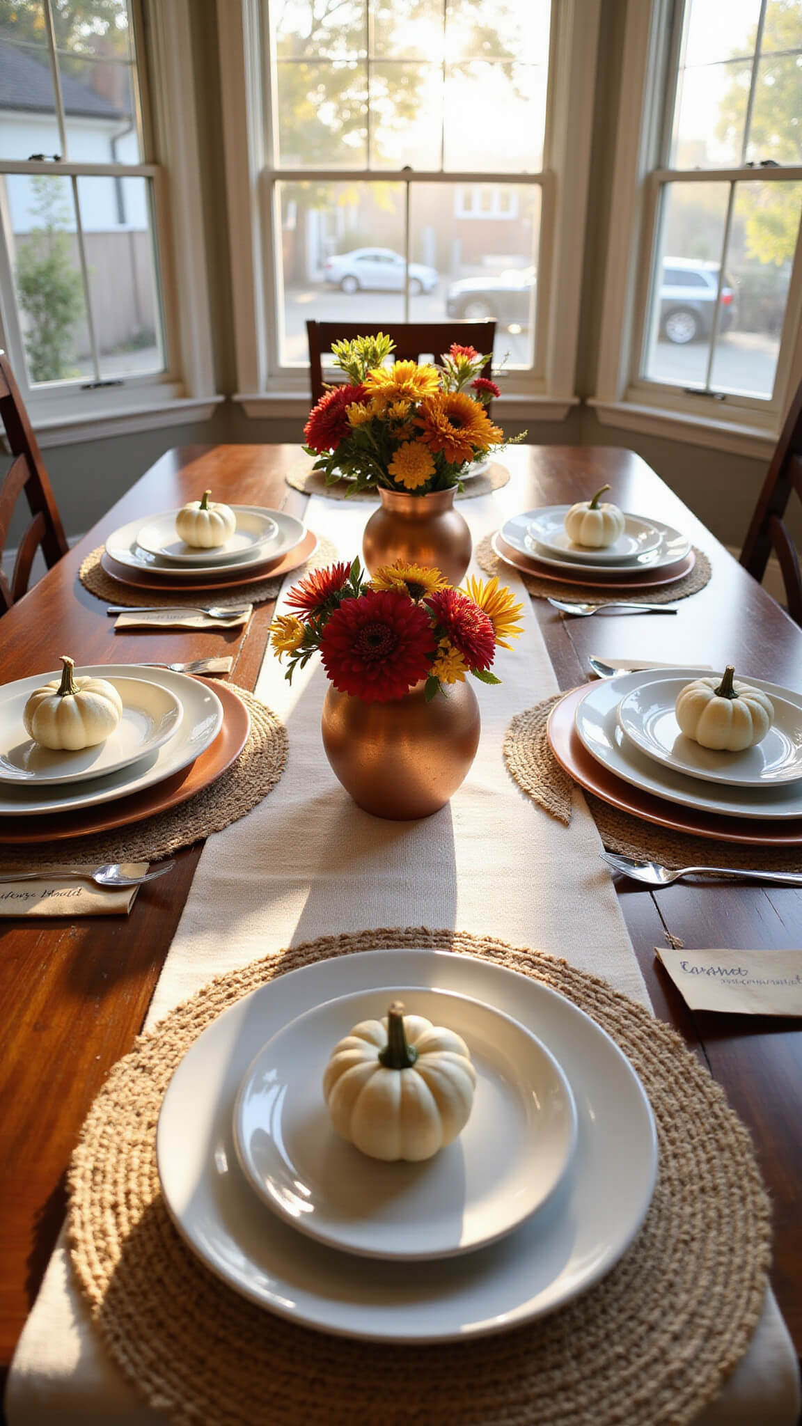 Autumn-themed dining table in sunlit room with pumpkins, copper accents, and fall florals at golden hour.
