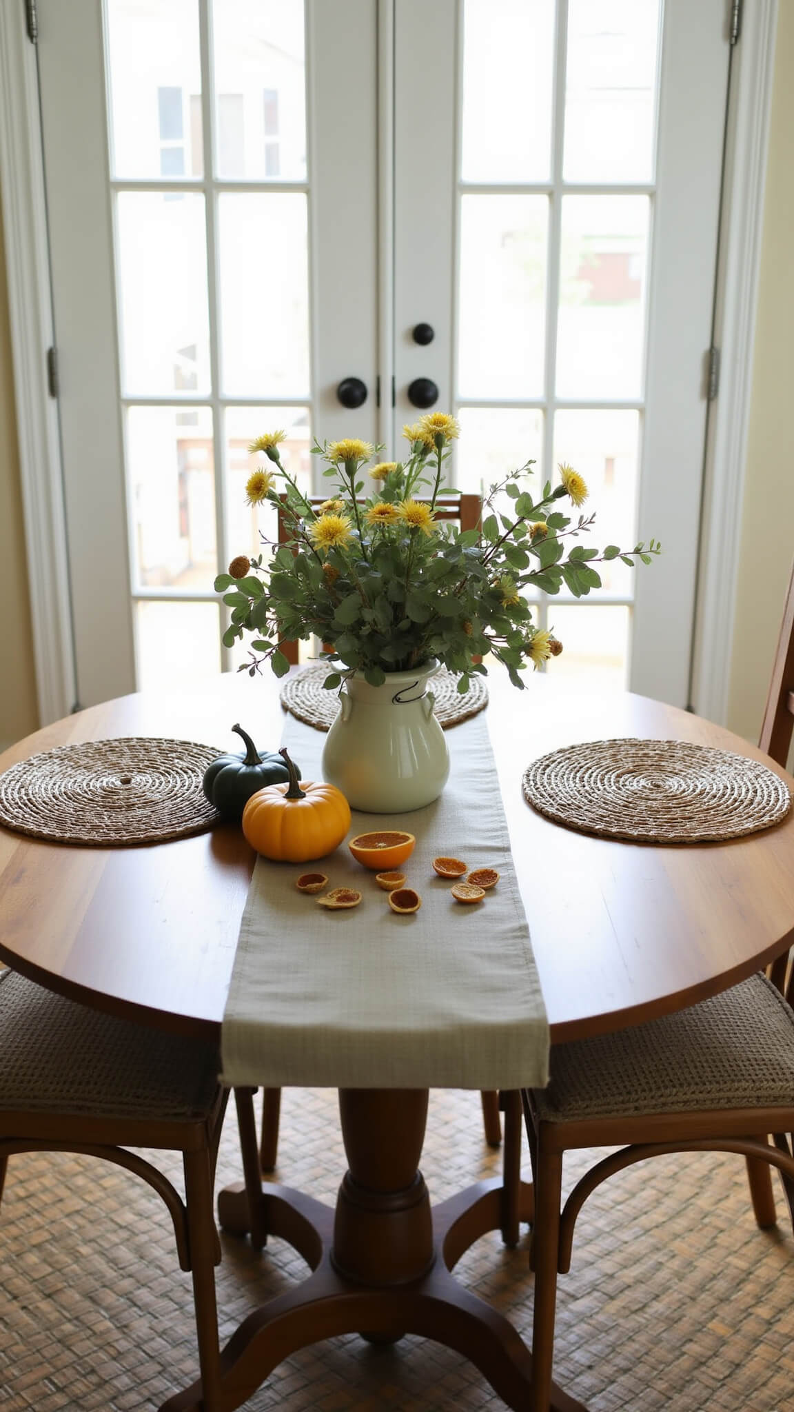 Cozy farmhouse breakfast nook with morning light, round table with fall centerpiece, rattan chairs, and earth-tone accents.