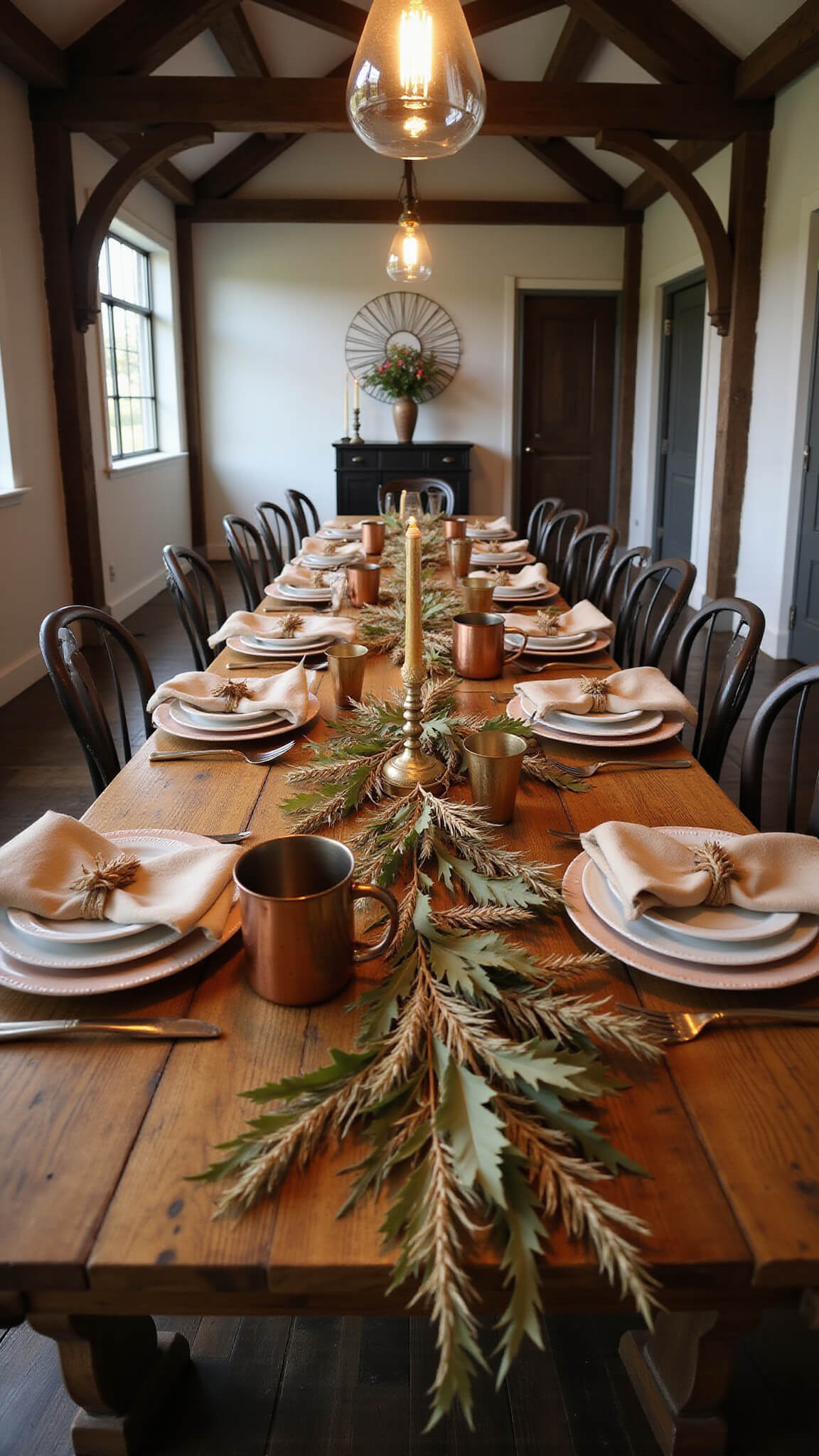 Moody late-afternoon wide-angle of a vaulted-ceiling great room with a harvest table decorated in dried leaf garland, vintage pendant lights, mixed metal accents, and layered autumn table settings.