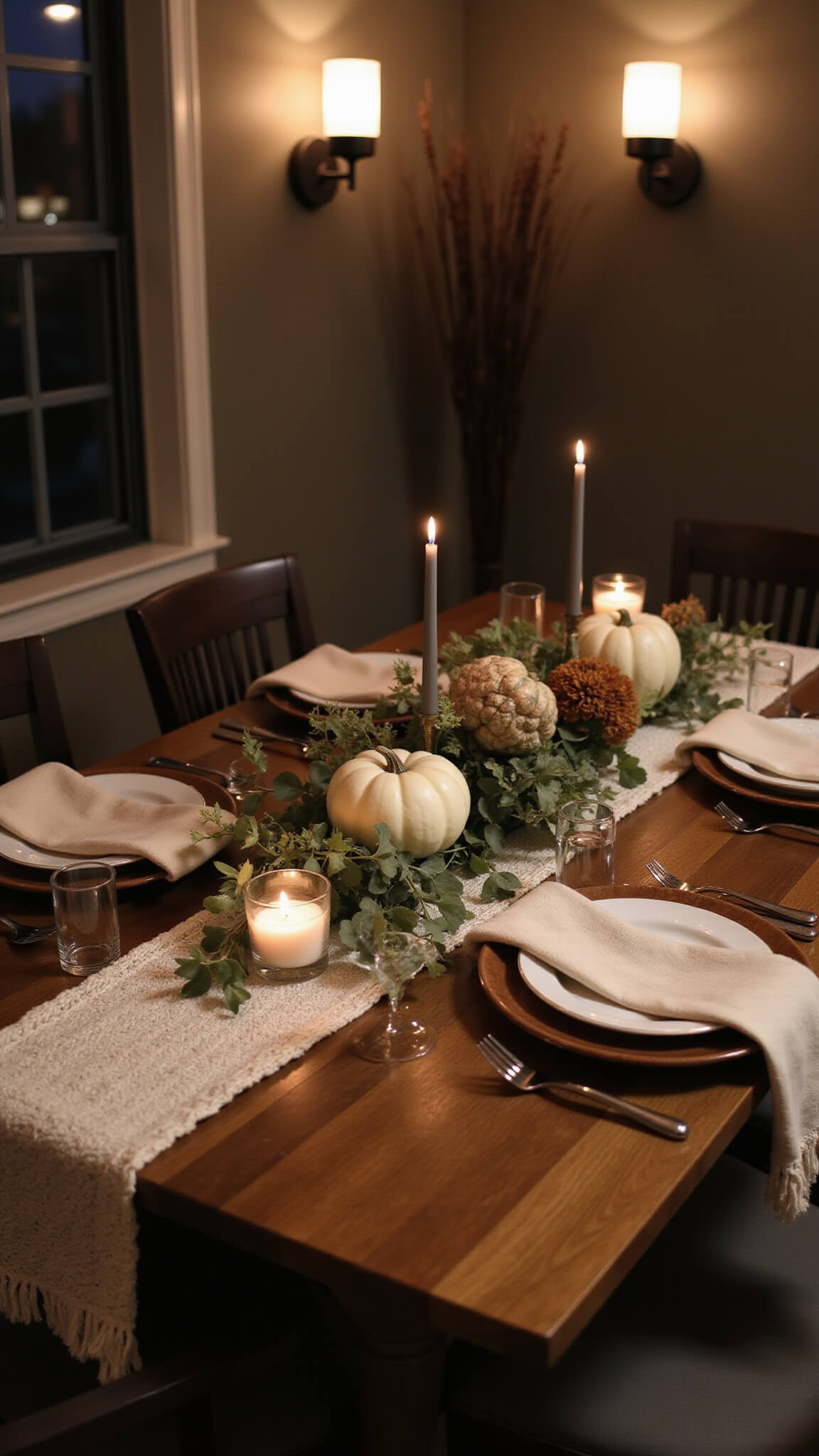 Cozy dining space with candlelit table featuring textured runner, wooden chargers, linen napkins, and white pumpkin centerpiece with eucalyptus and bronze mums.