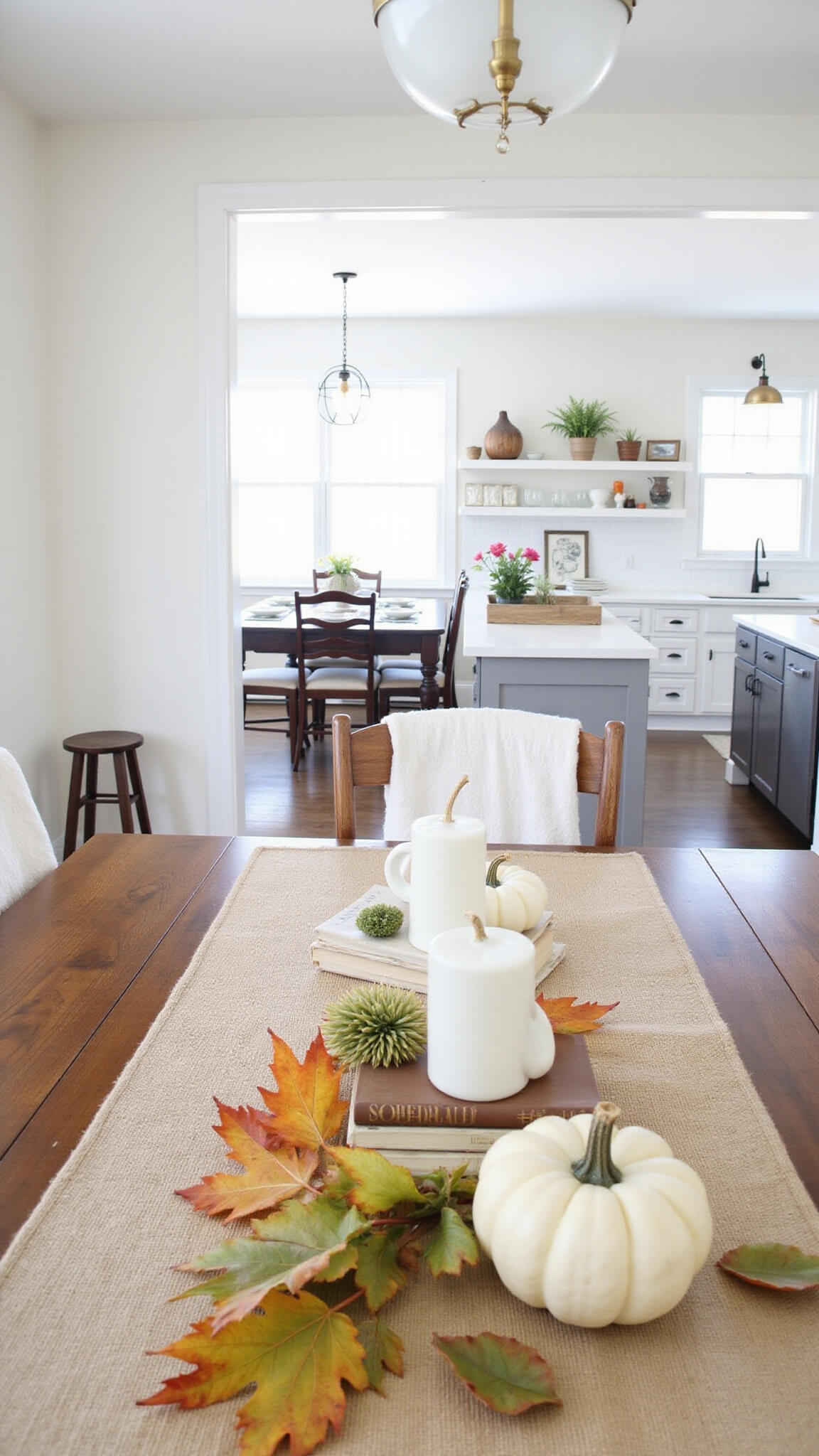 Open-concept dining and kitchen area with fall-themed decor, featuring a natural linen runner, farmers market centerpiece, and a kitchen island styled with vintage books, maple leaves, and white pumpkins.