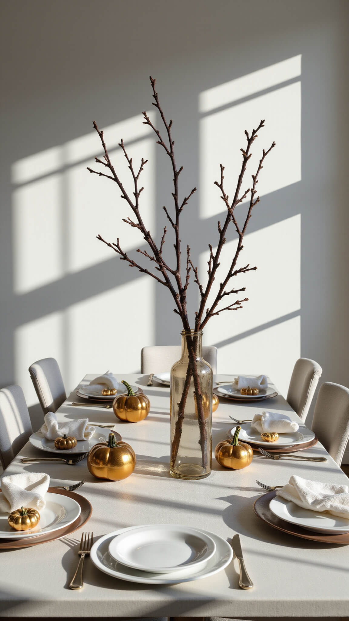 Modern 12x14ft dining room with minimalist table, fall branch in tall vase, metallic mini pumpkins, and white place settings; dramatic midday shadows from floor-to-ceiling windows create geometric patterns.