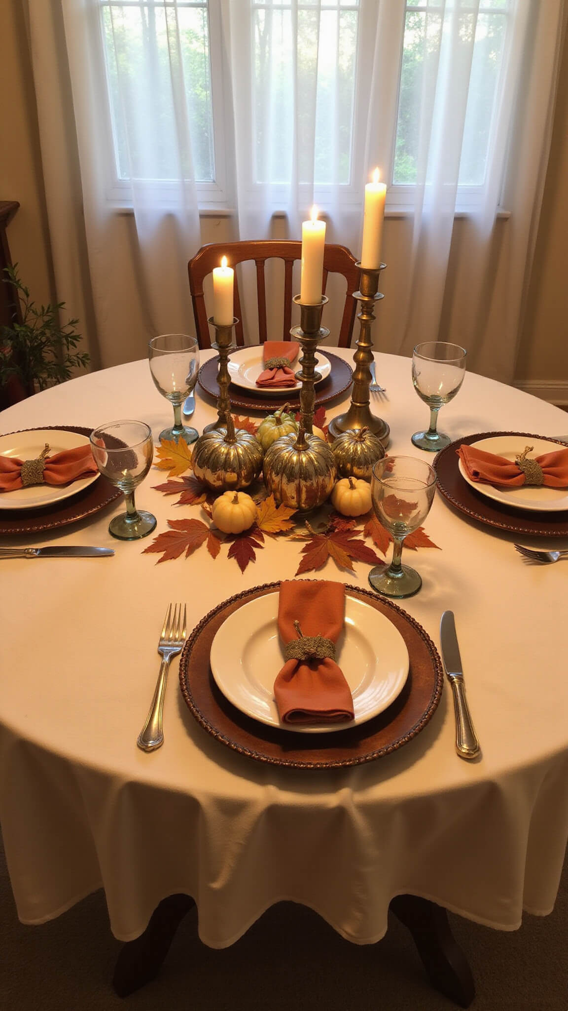 Sunlit 11x13ft breakfast room with round table set in autumn decor, featuring copper chargers, ivory stoneware, spiced orange napkins, antique brass candlesticks, and mercury glass pumpkins on a cream tablecloth, with sheer curtains filtering sunrise light.