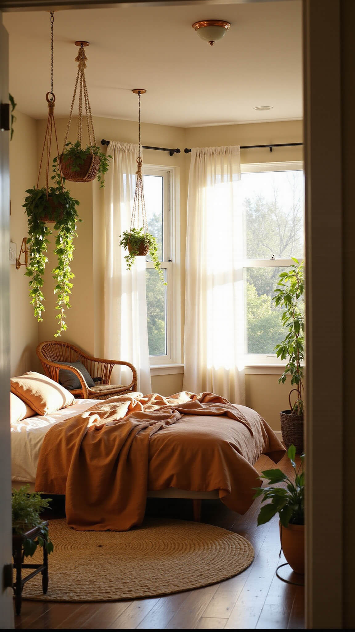 Sunlit bohemian bedroom with earth-toned linens, cascading hanging plants, and rattan chair under warm lighting.