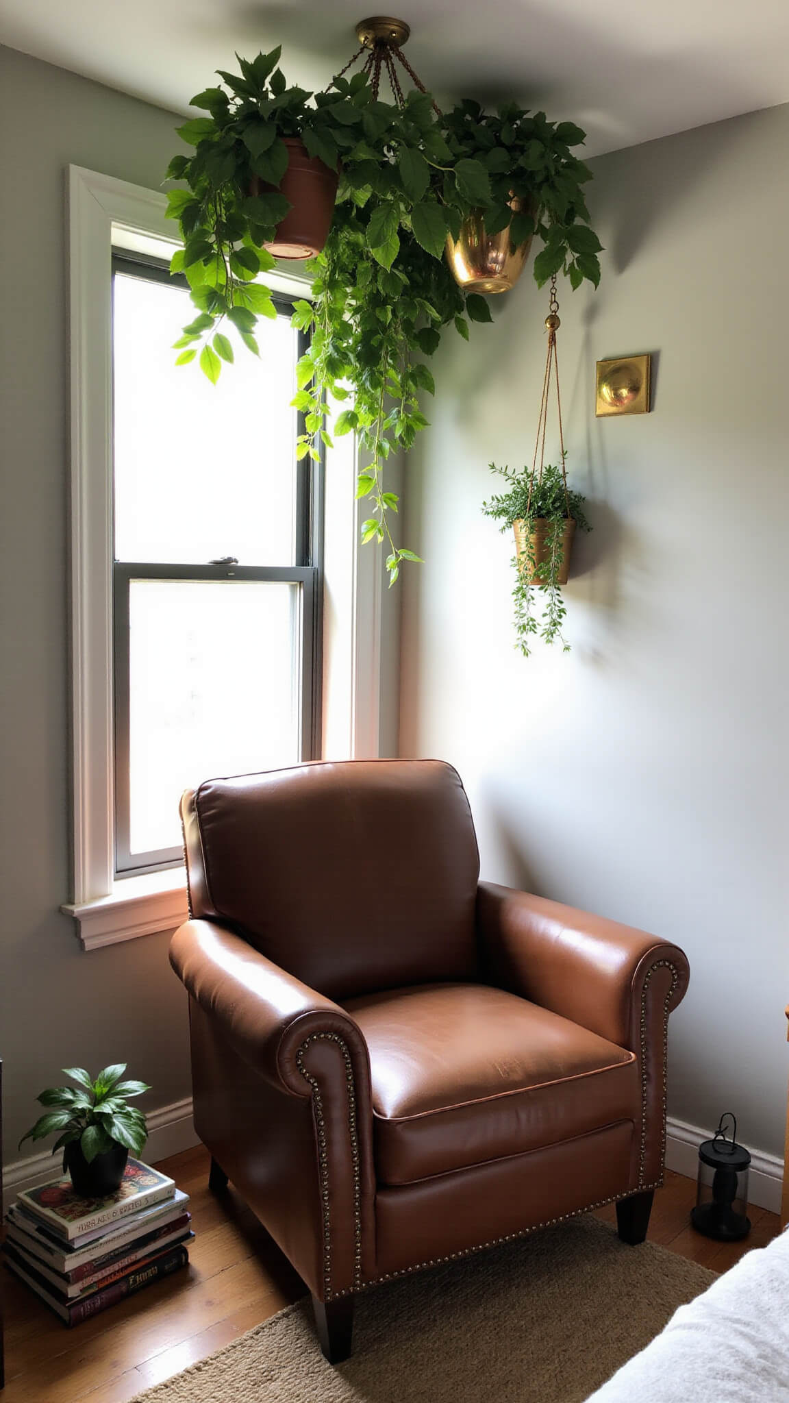 Cozy corner reading nook with vintage leather armchair under lush hanging plants, morning light casting shadows on woven jute rug and stacked books.