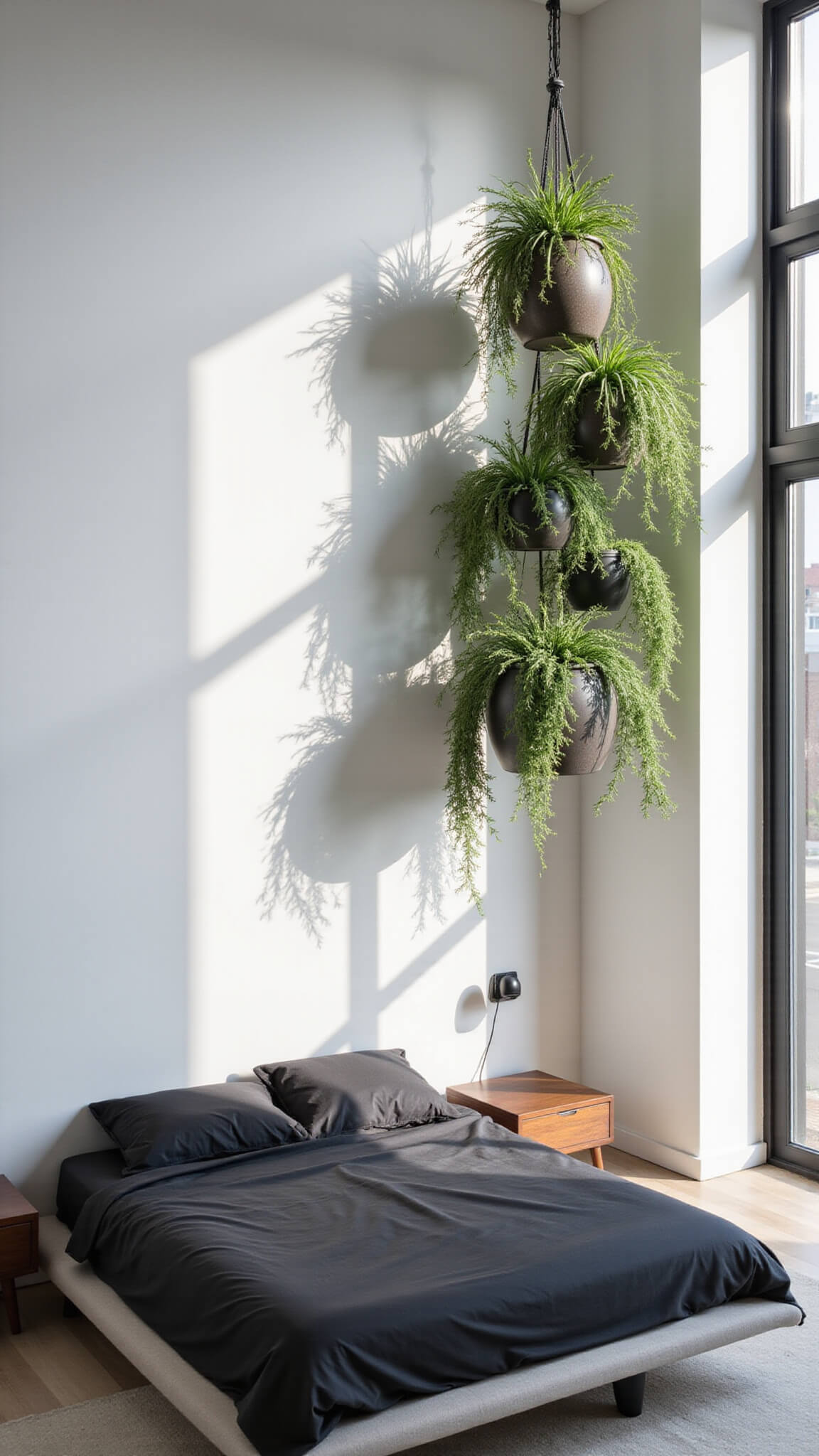 Modern minimalist bedroom with tall white walls, charcoal platform bed, floating nightstands, and a cluster of hanging plants in one corner casting shadows in late afternoon light.