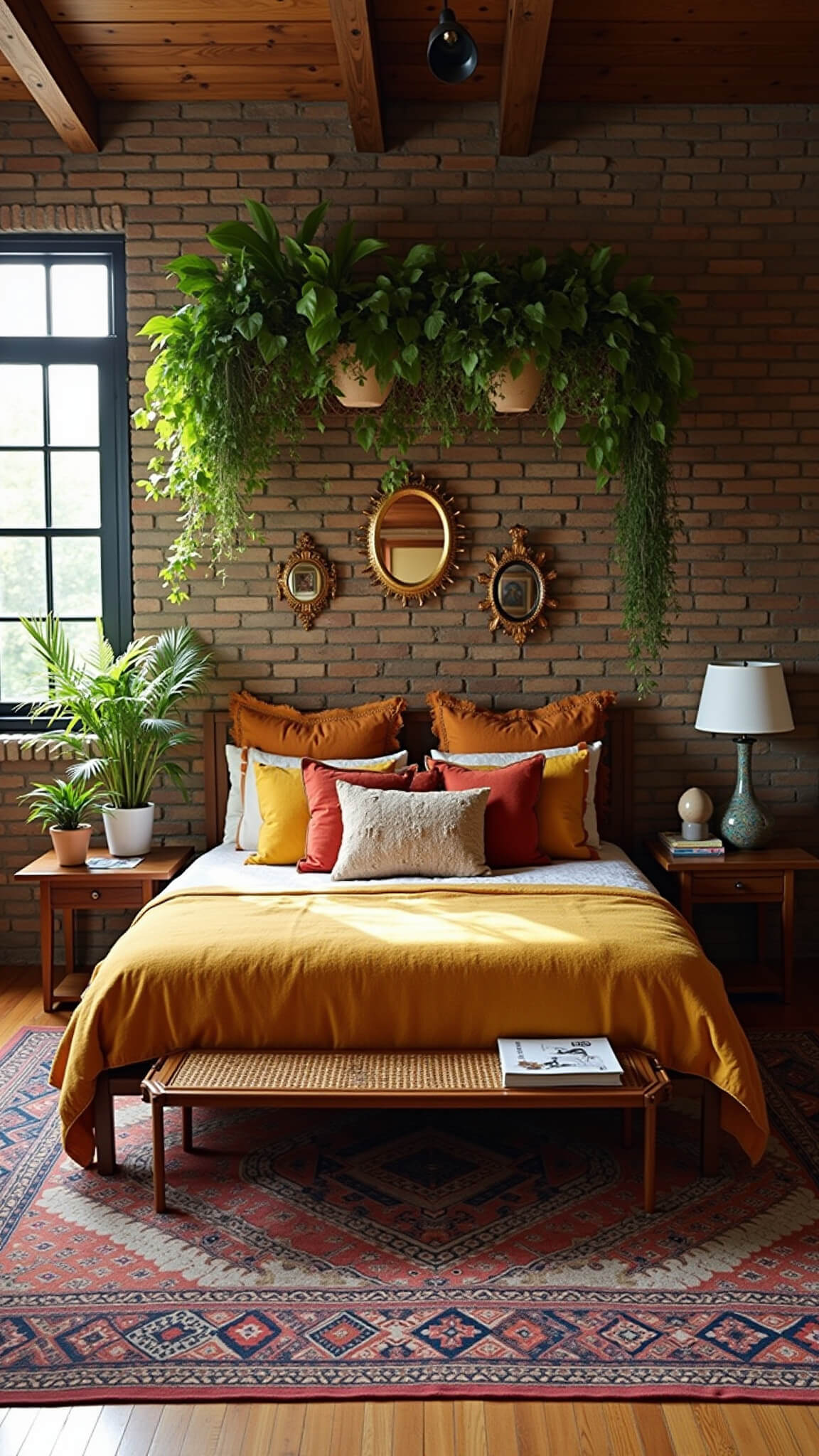 Boho maximalist bedroom with exposed brick wall, platform bed in mustard and rust tones, layered vintage rugs, hanging plants above headboard, brass mirrors, rattan accents, and morning light streaming in.