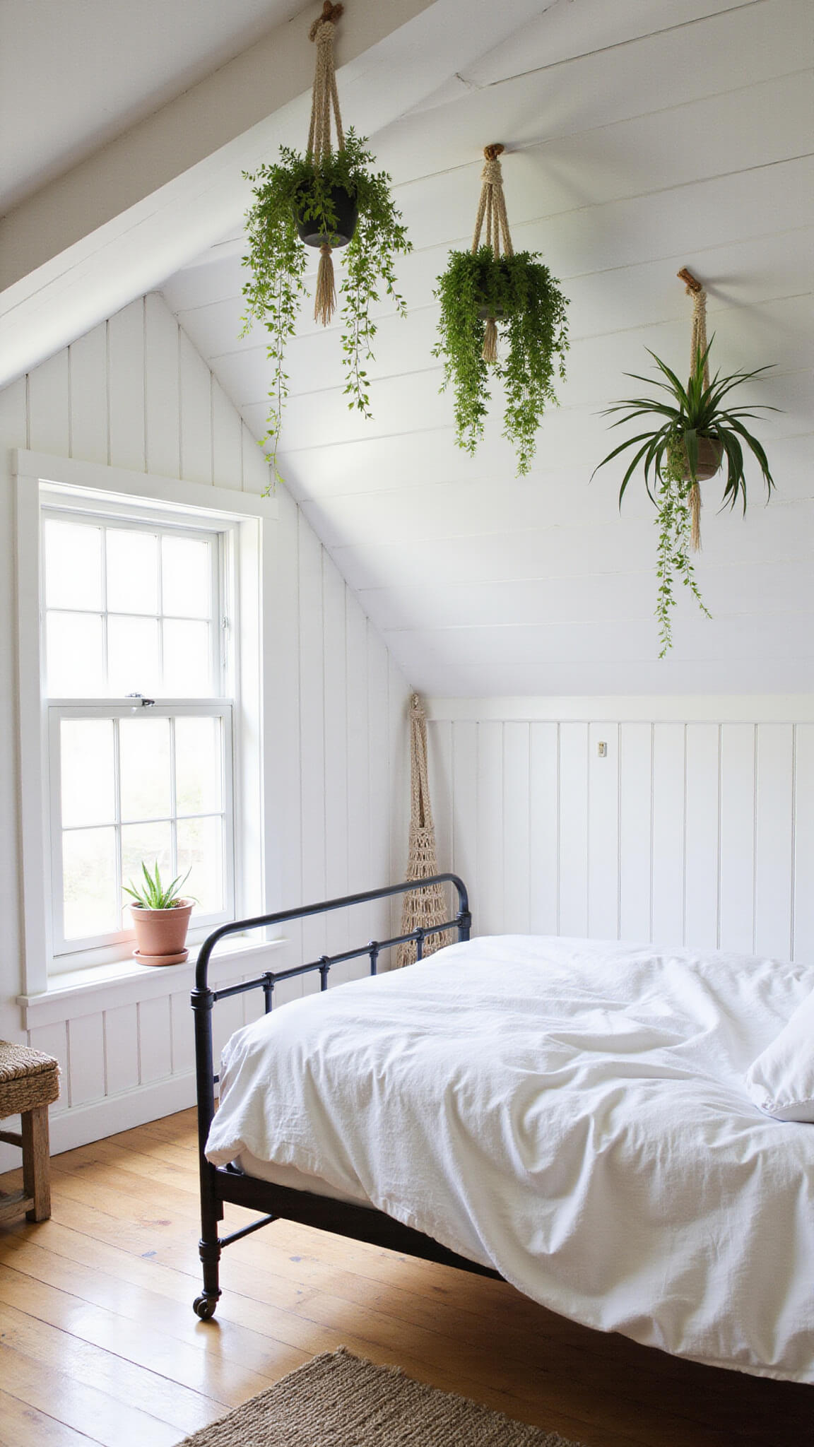 Scandinavian attic bedroom with slanted ceilings, white shiplap walls, oak floors, iron bed, trailing plants, and soft northern light.