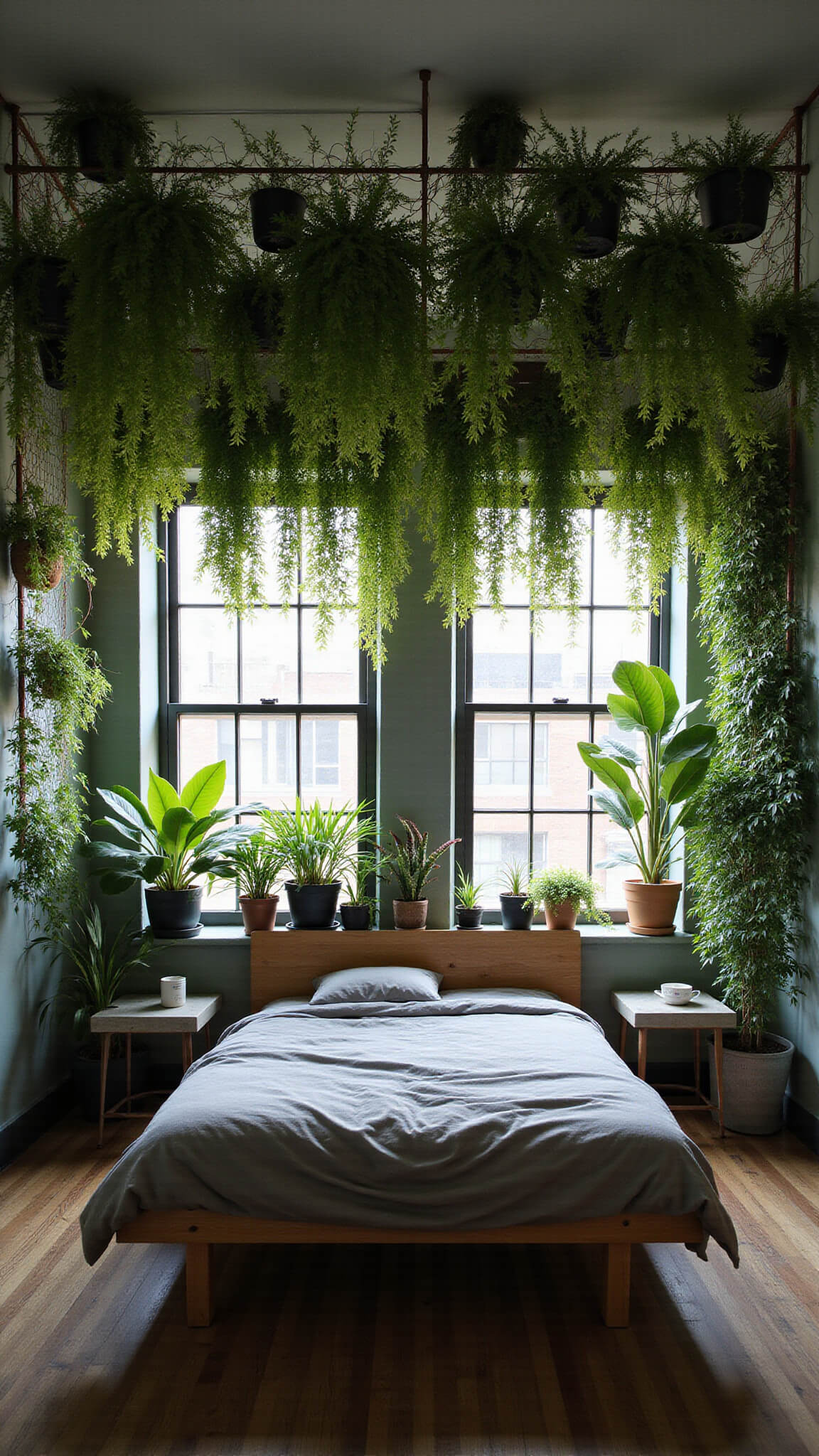Small 10x10ft urban bedroom with large industrial windows, lush hanging plant wall of ferns and pothos, low bed and concrete tables, bathed in dramatic afternoon light.