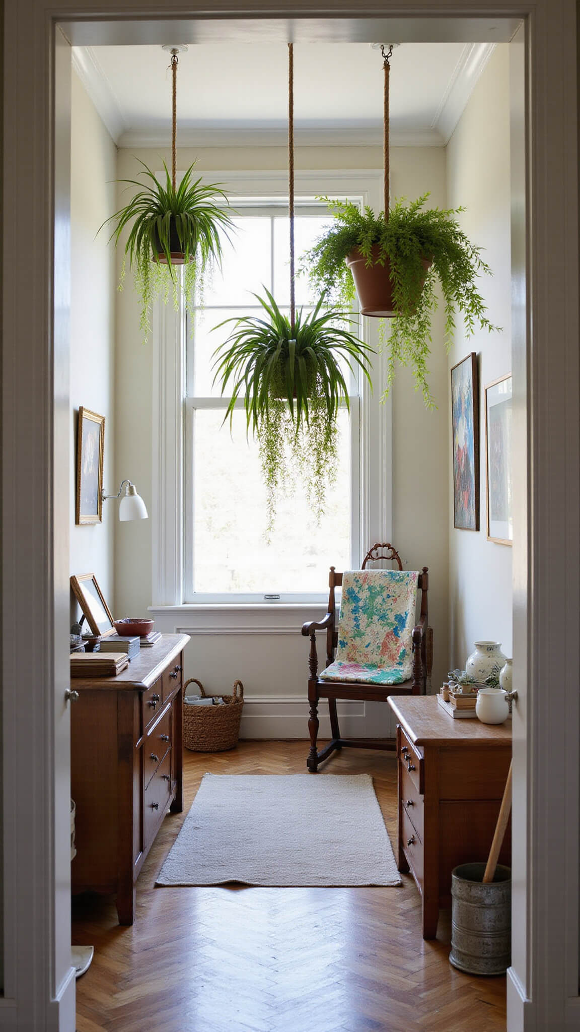 Artist's bedroom with vintage decor, herringbone floors, large hanging plants, easel, and art supplies bathed in soft natural light.