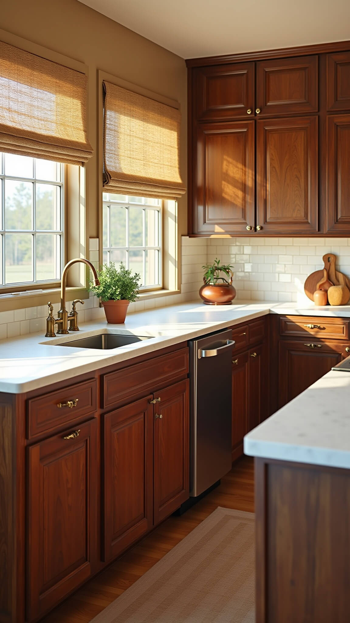 Warm, sunlit 12x15ft kitchen with walnut Shaker cabinets, white quartz countertops, brass hardware, and cozy L-shaped layout.