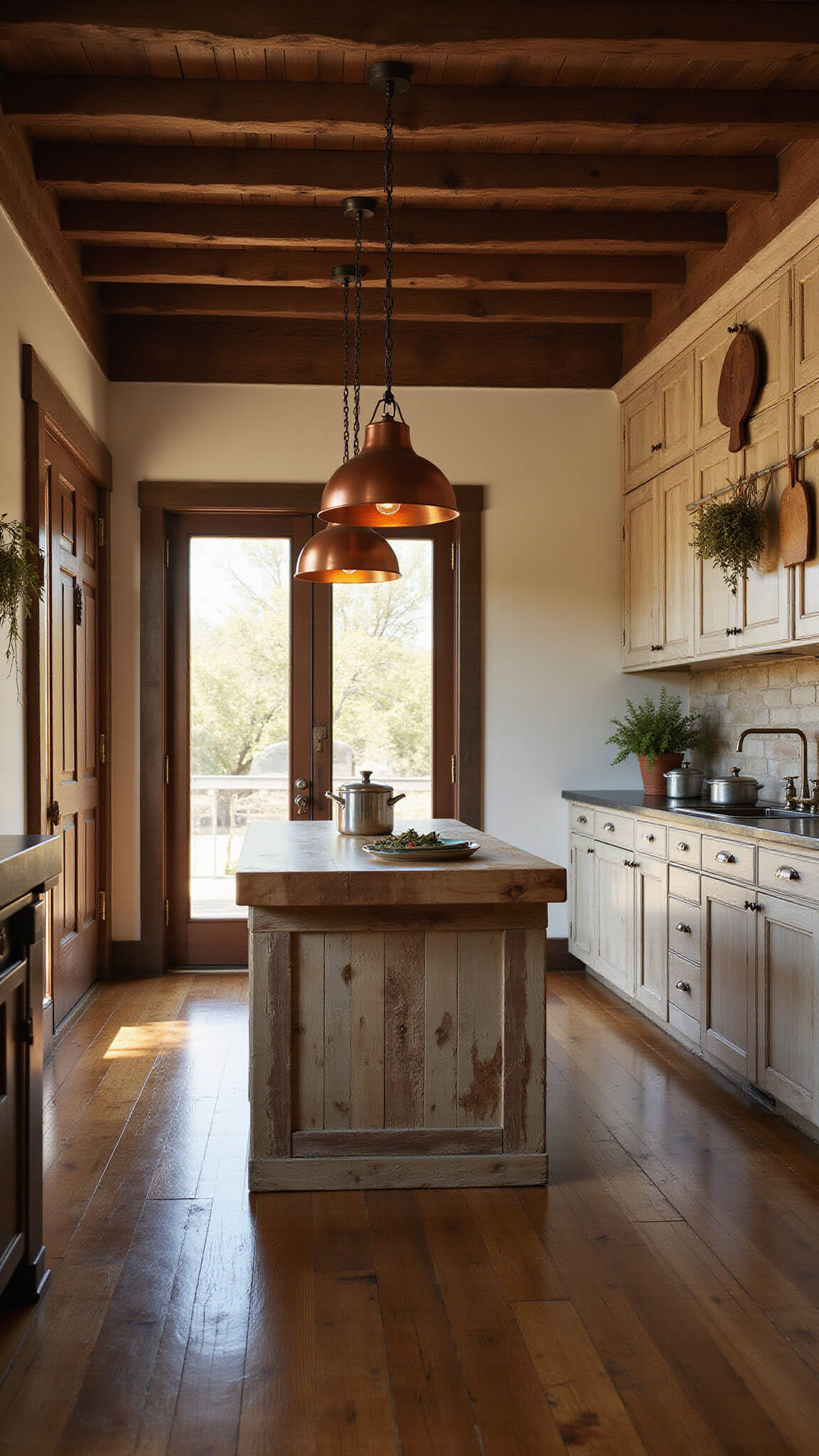 Rustic farmhouse kitchen with distressed hickory cabinets, reclaimed wood island, and copper pendant lighting, bathed in golden hour light with deep shadows and vintage decor.