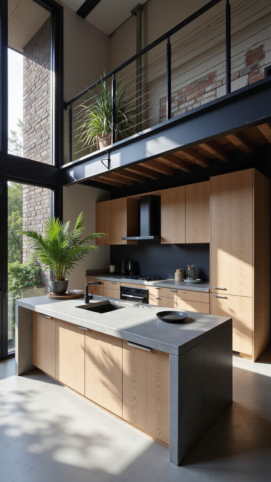 Industrial-modern kitchen with grey-washed quarter-sawn oak cabinets, large concrete island, steel-framed windows casting long shadows, viewed from mezzanine showing geometric layout, styled with black accessories, metallic cookware, and architectural plants.