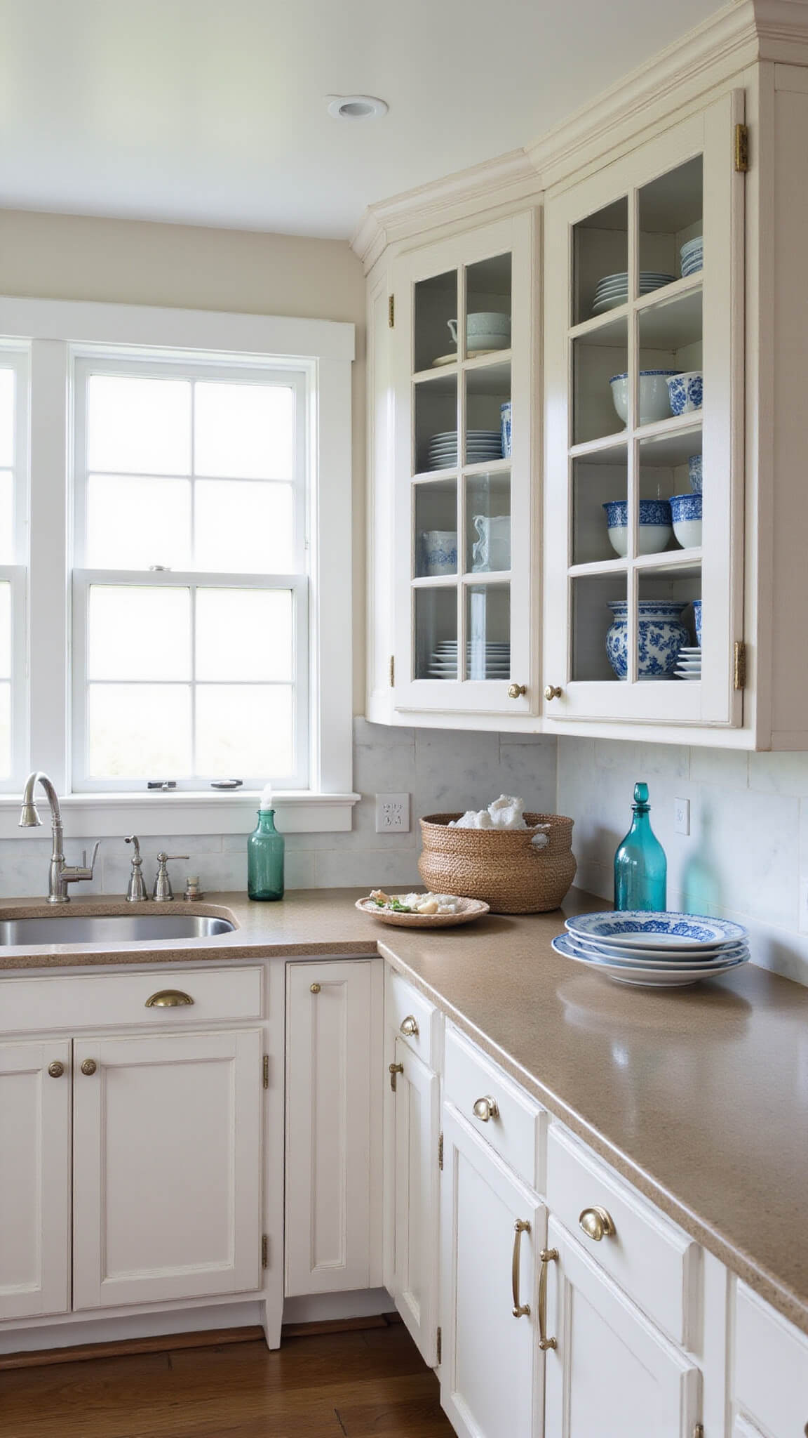 Coastal kitchen with white-washed oak cabinets, marble backsplash, and glass-front displays of blue and white chinaware, styled with shells, woven baskets, and vintage blue bottles in soft morning light.