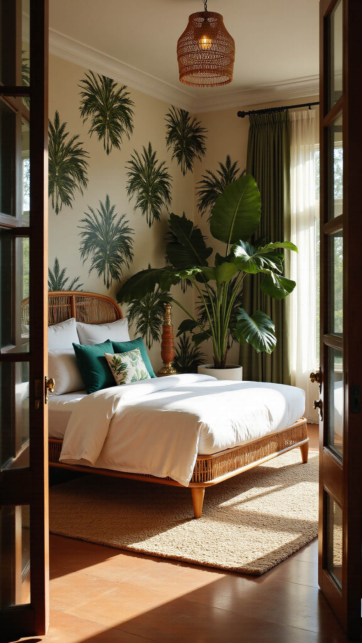 Maximalist tropical bedroom with rattan king bed, palm-print wallpaper, lush plants, and warm golden hour light through sheer curtains.