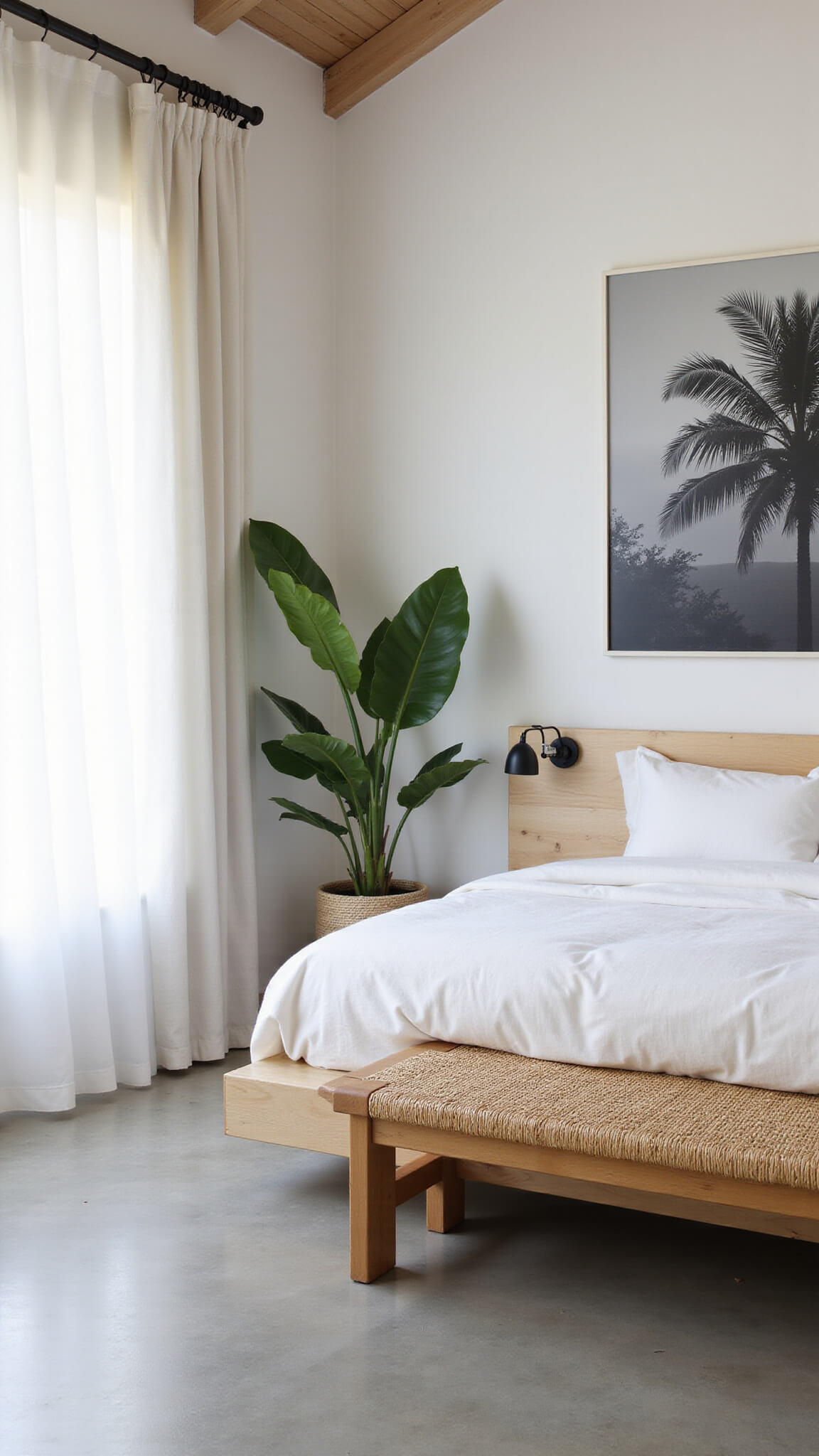 Minimalist tropical bedroom at dawn with low-profile teak bed, rattan bench, snake plant, and soft morning light filtering through white linen drapes.