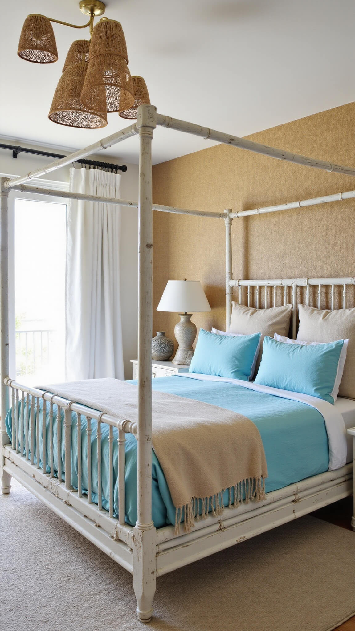Wide-angle view of coastal tropical master bedroom with bamboo canopy bed, ocean-blue linens, rattan pendant lights, and natural textures in azure, sand, and driftwood hues.