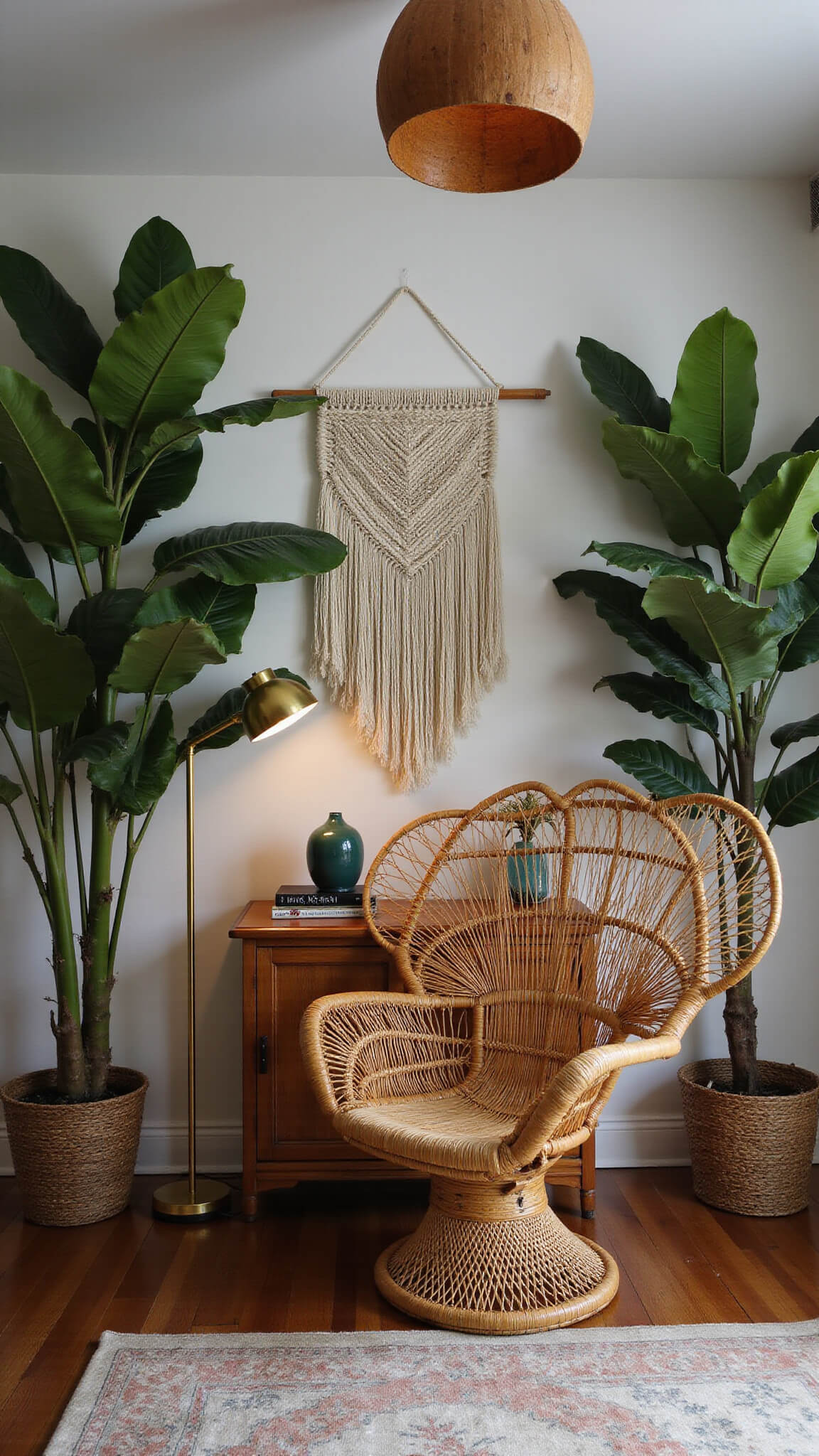 Cozy tropical bedroom reading nook with rattan peacock chair, brass floor lamp, lush fiddle leaf figs, macramé wall hanging, and bamboo console bathed in dusk ambient light.