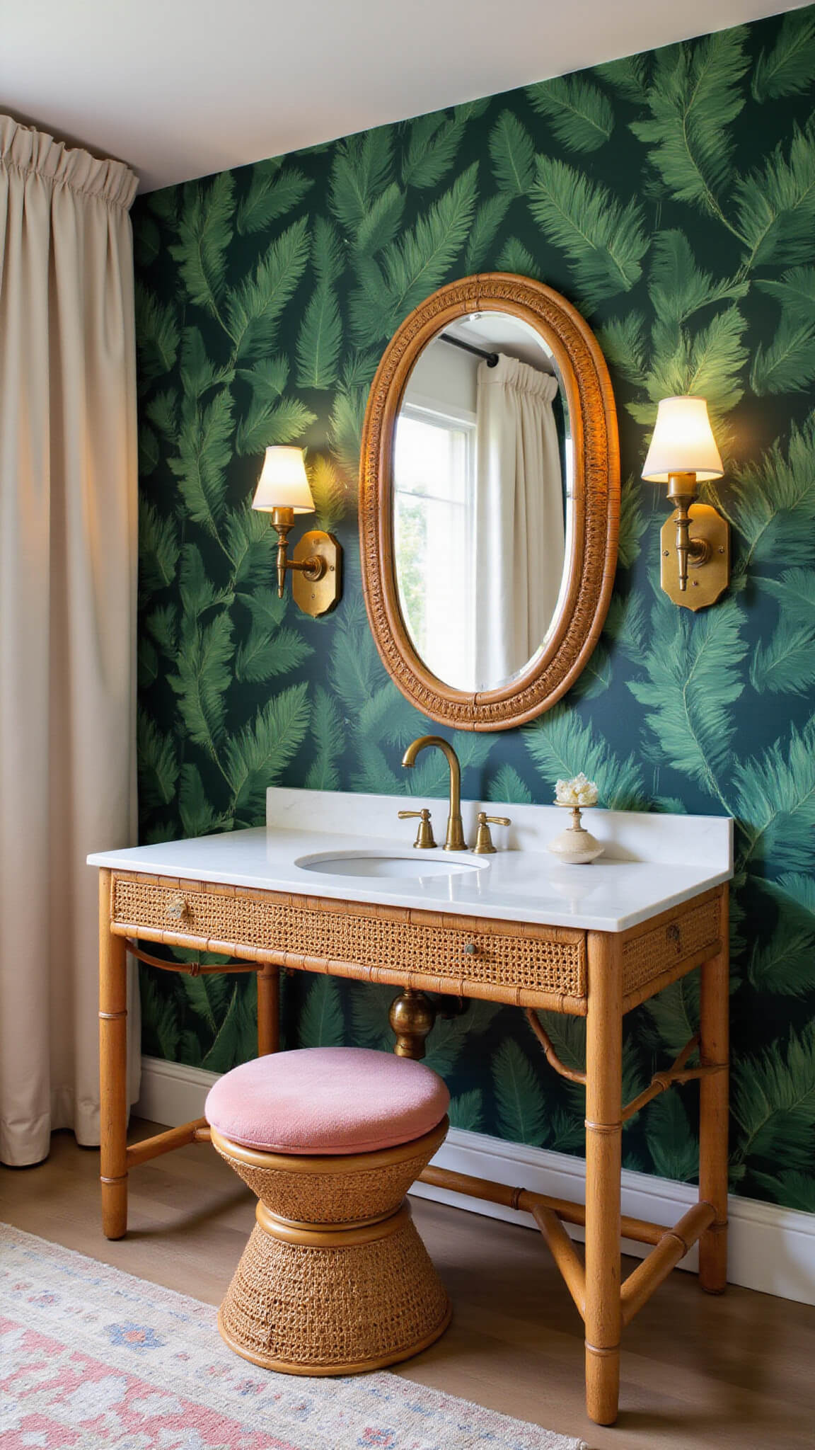 Art deco tropical vanity area with rattan table, oval mirror, brass sconces, banana leaf wallpaper, and twilight lighting casting palm shadows.