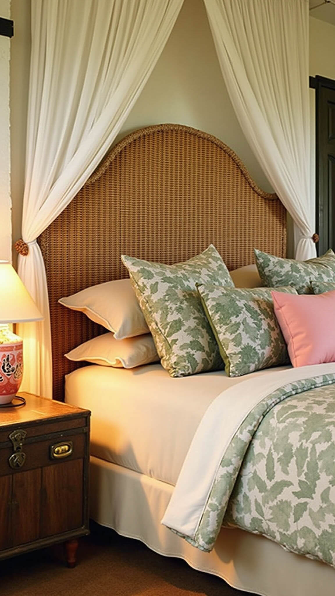 Golden hour detail of tropical bedroom bedscape with rattan headboard, botanical pillows, linen duvet, and vintage trunk nightstand.
