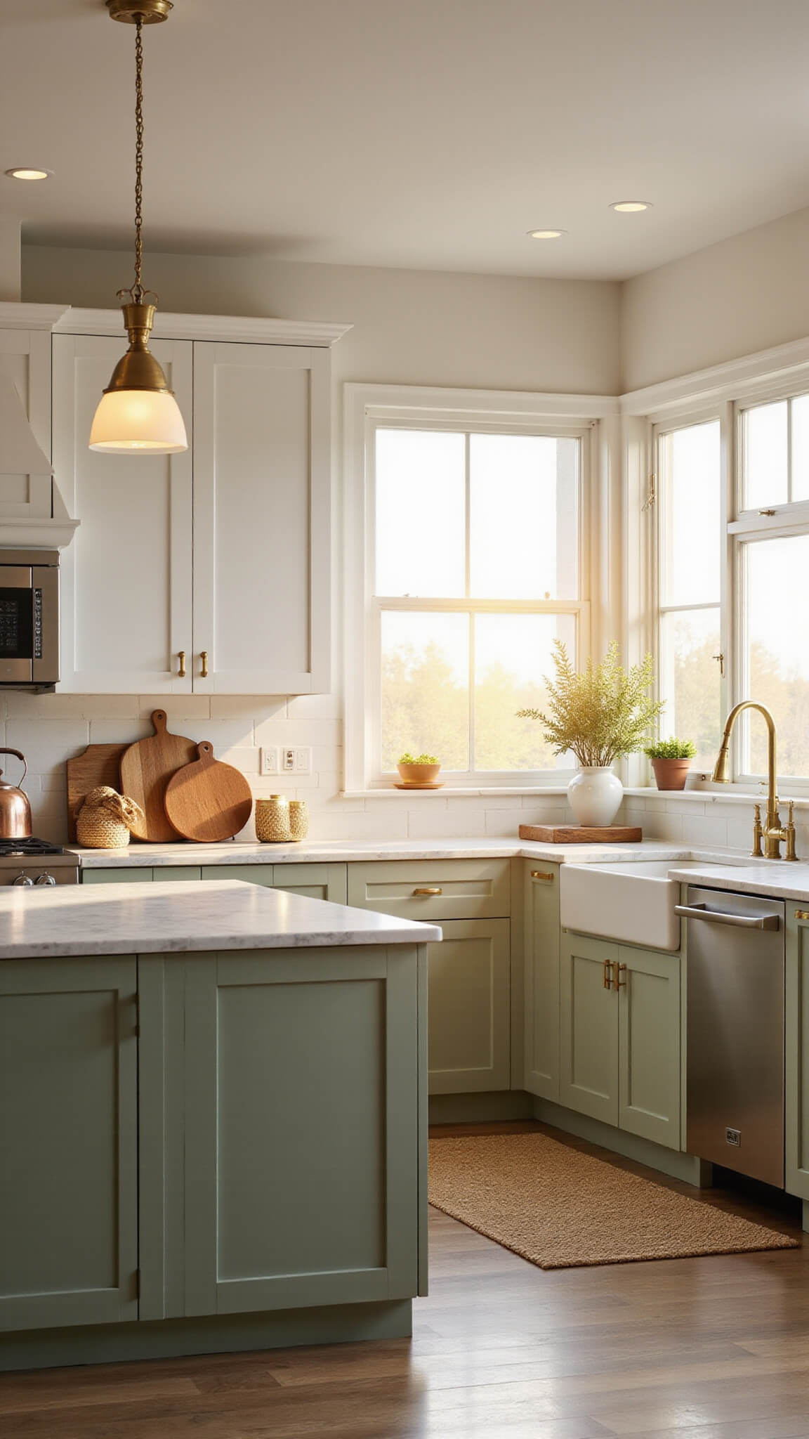 Modern sage and white kitchen with marble island, brass accents, and golden hour sunlight streaming through windows with steam rising from a copper kettle.