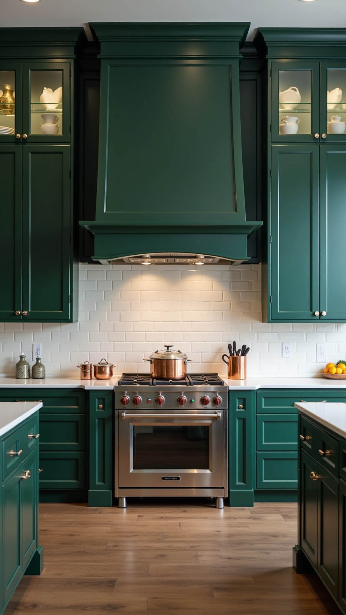 Dramatic forest green chef's kitchen at dusk with glossy cabinets, white subway tile backsplash, stainless steel appliances, and copper cookware.