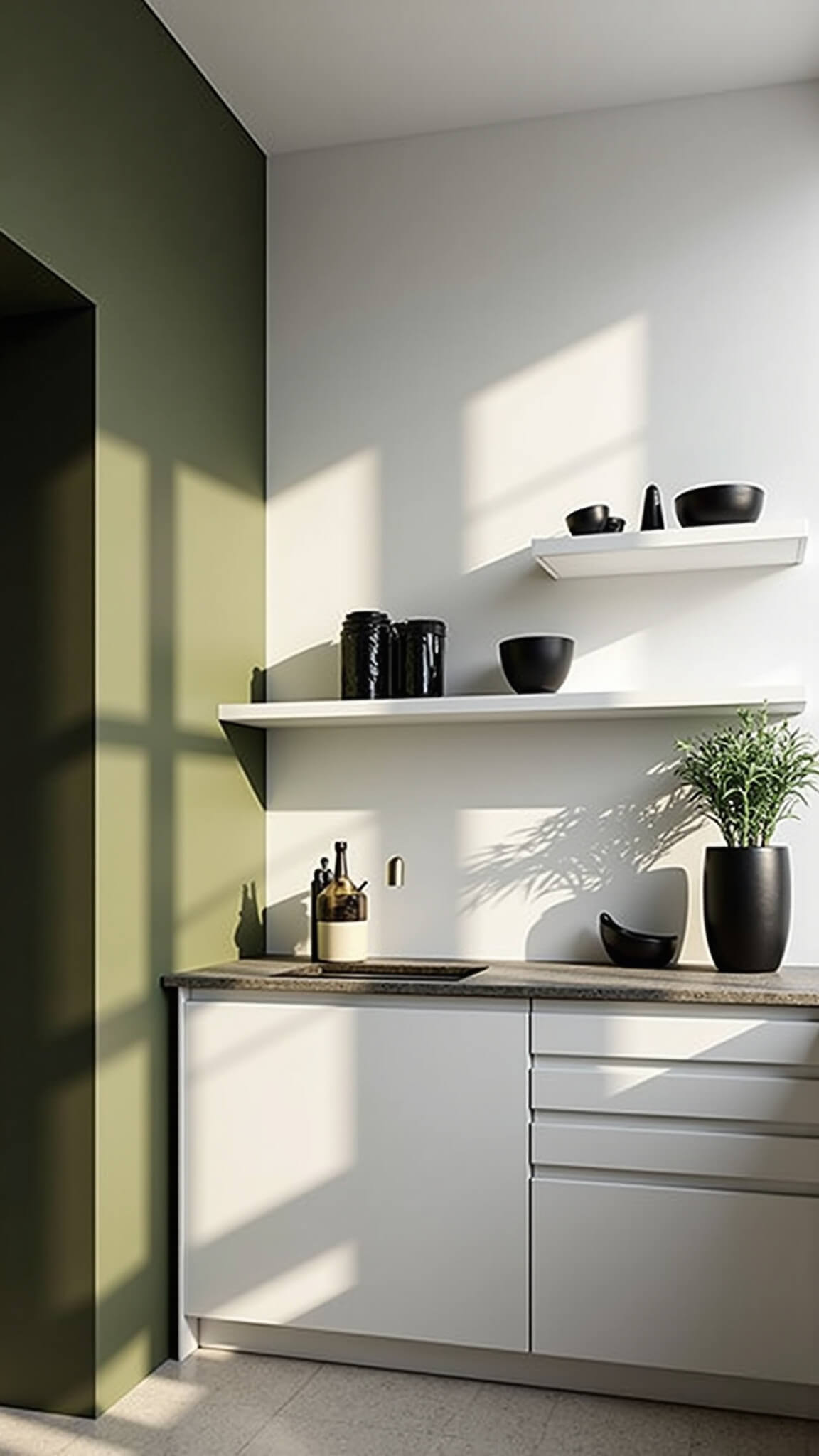 Minimalist urban kitchen with olive green pantry wall, white handleless cabinets, concrete countertops, and morning light casting shadows.