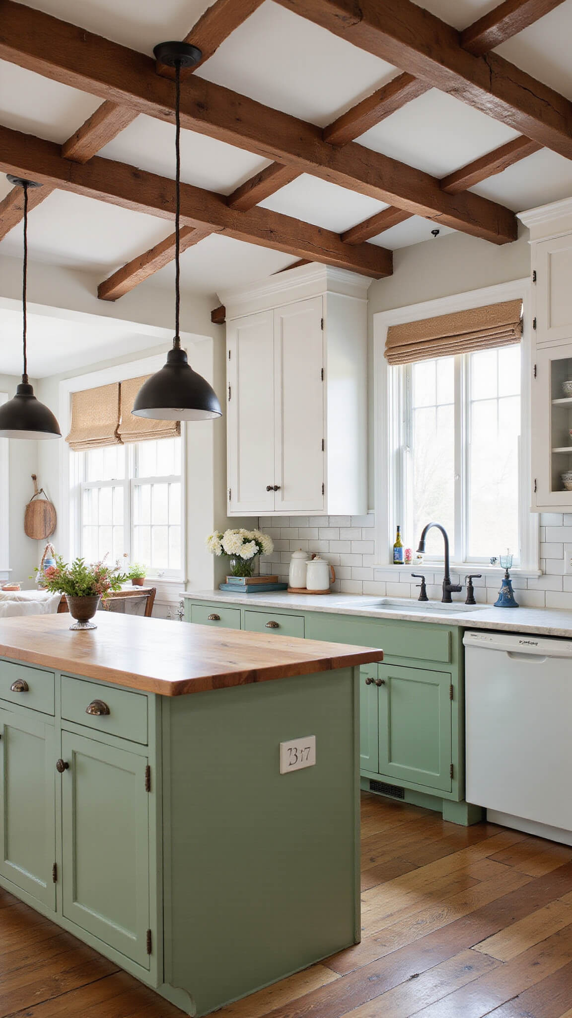 Rustic farmhouse kitchen with apple green island, white shaker cabinets, and mixed countertops basking in midday sunlight.