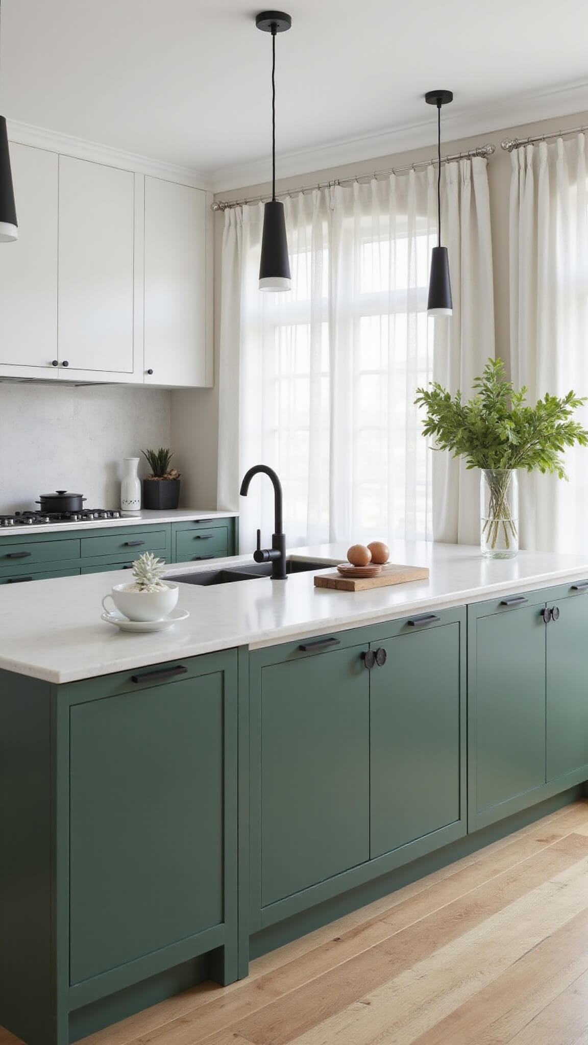 Two-tone contemporary kitchen with hunter green base cabinets, white uppers, waterfall quartz island, and modern pendant lights in soft afternoon light.