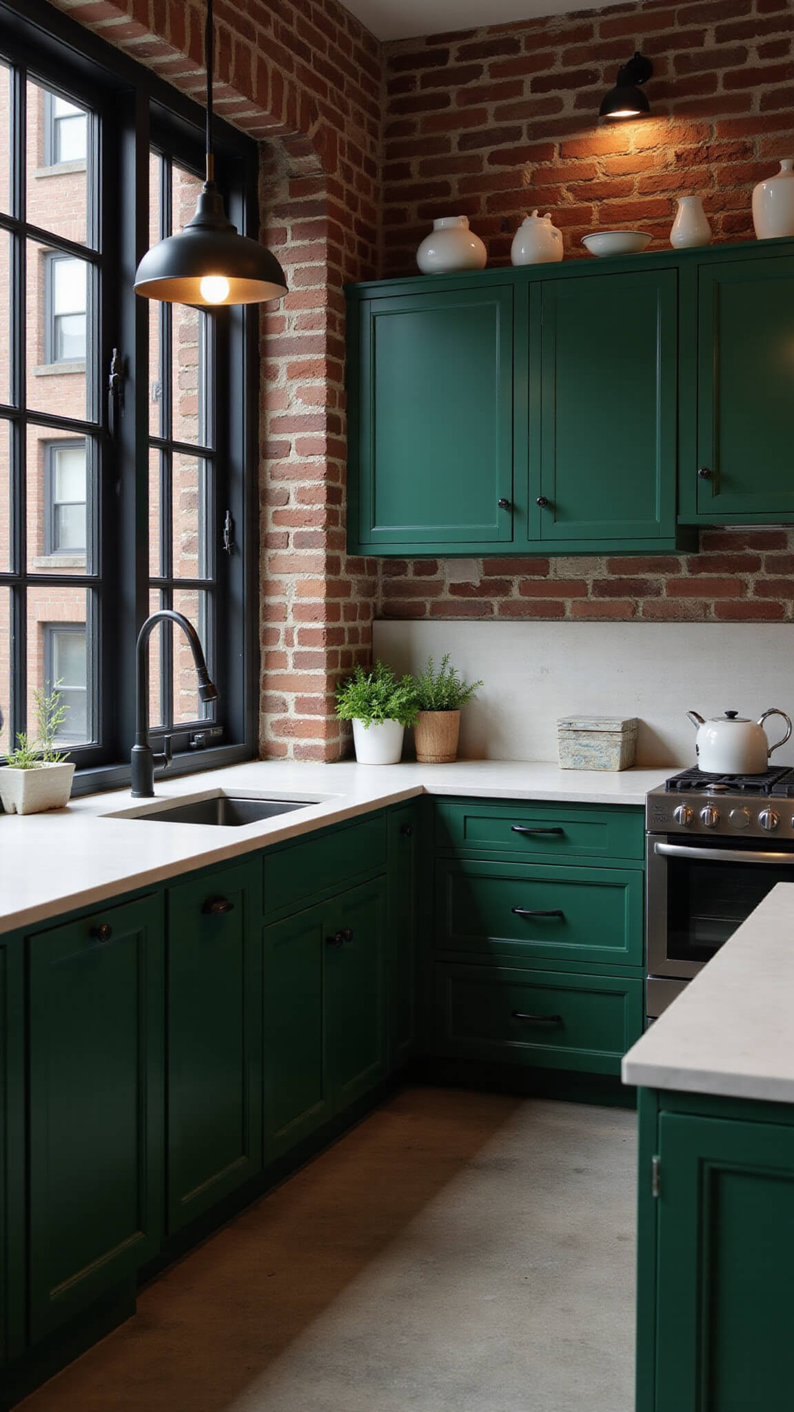 Industrial modern green kitchen at night with emerald cabinets, white concrete counters, exposed brick walls, black steel-frame windows, and moody lighting highlighting textures and reflections.